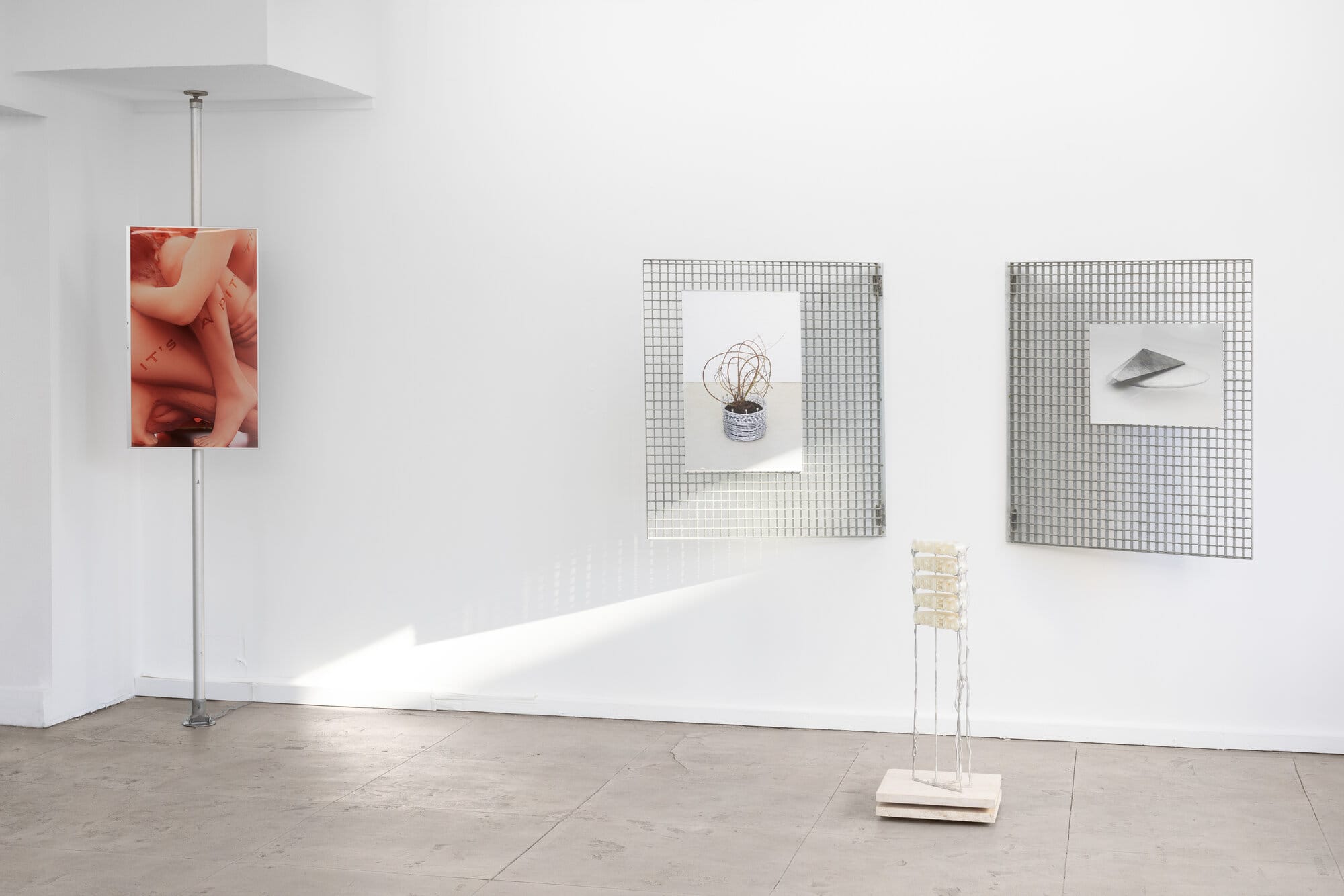 lom-of-LaMa, installation view showing large body photograph mounted on industrial pole, two framed works with grid overlays containing still-life images, and small 3D-printed sculpture on plinth, Call Me We, SUPERRAUM Dortmund, 2026