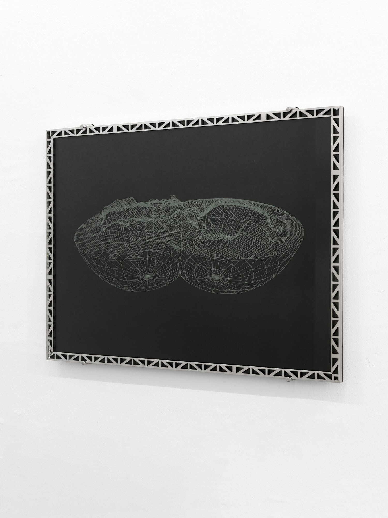 lom-of-LaMa, photogrammetry print showing wireframe 3D scan of two bodies merging, green mesh on dark background, geometric patterned frame, Call Me We, SUPERRAUM Dortmund, 2026