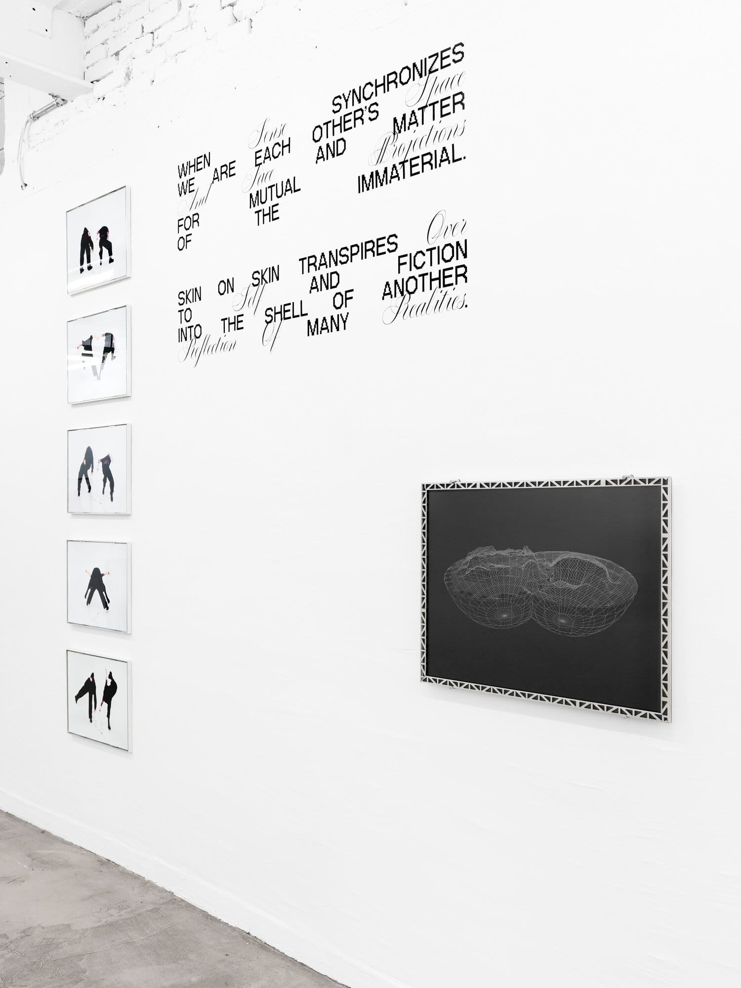 lom-of-LaMa, installation view with poem text painted directly on wall, series of five framed silhouette photographs of two figures, and large framed photogrammetry print on dark background, Call Me We, SUPERRAUM Dortmund, 2026