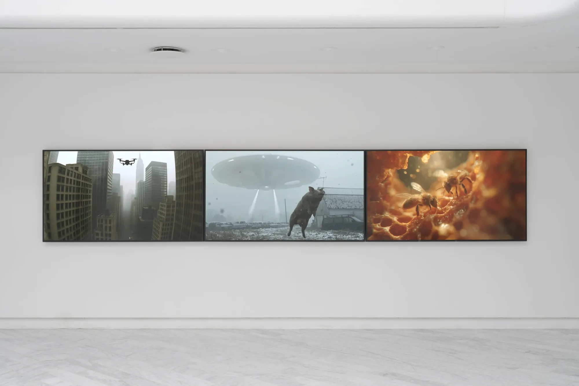 Louis Morlæ, Walls at the World's End, Tranen, Hellerup, 2026, three robotic walls with AI-generated film triptych visible on rear wall