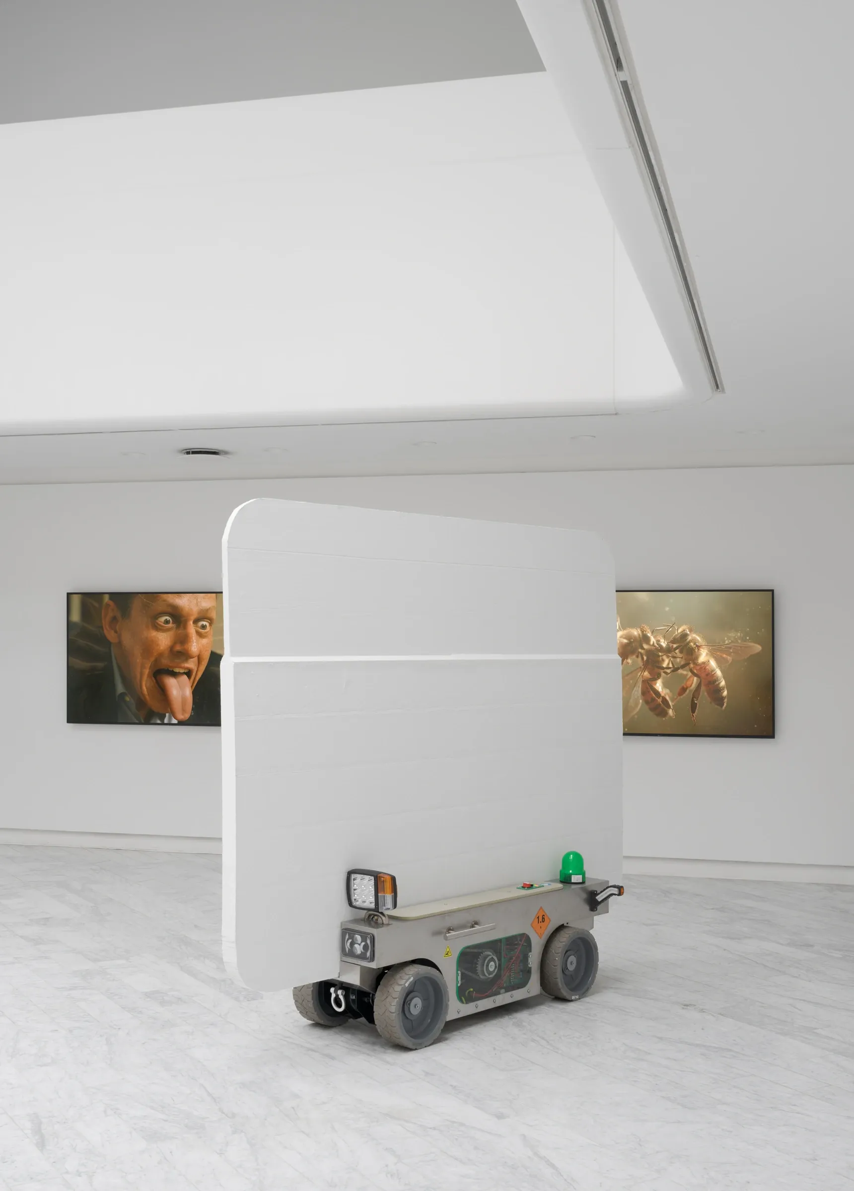 Louis Morlæ, Walls at the World's End, Tranen, Hellerup, 2026, three-channel film with city drone, alien abduction pig, and ecstatic bees