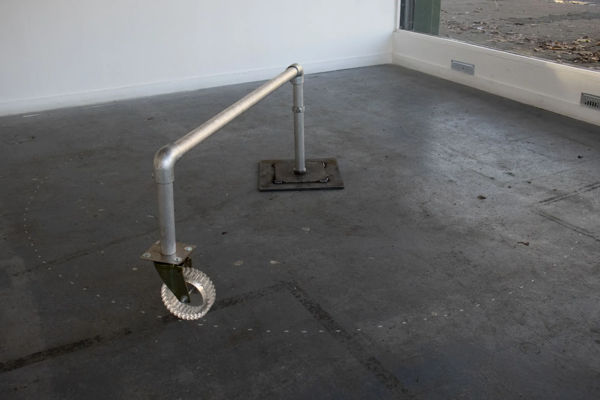 Min Jeong Park, Wheeled Bench, scaffolding pipe and rubber wheel, AMP Gallery London, 2025