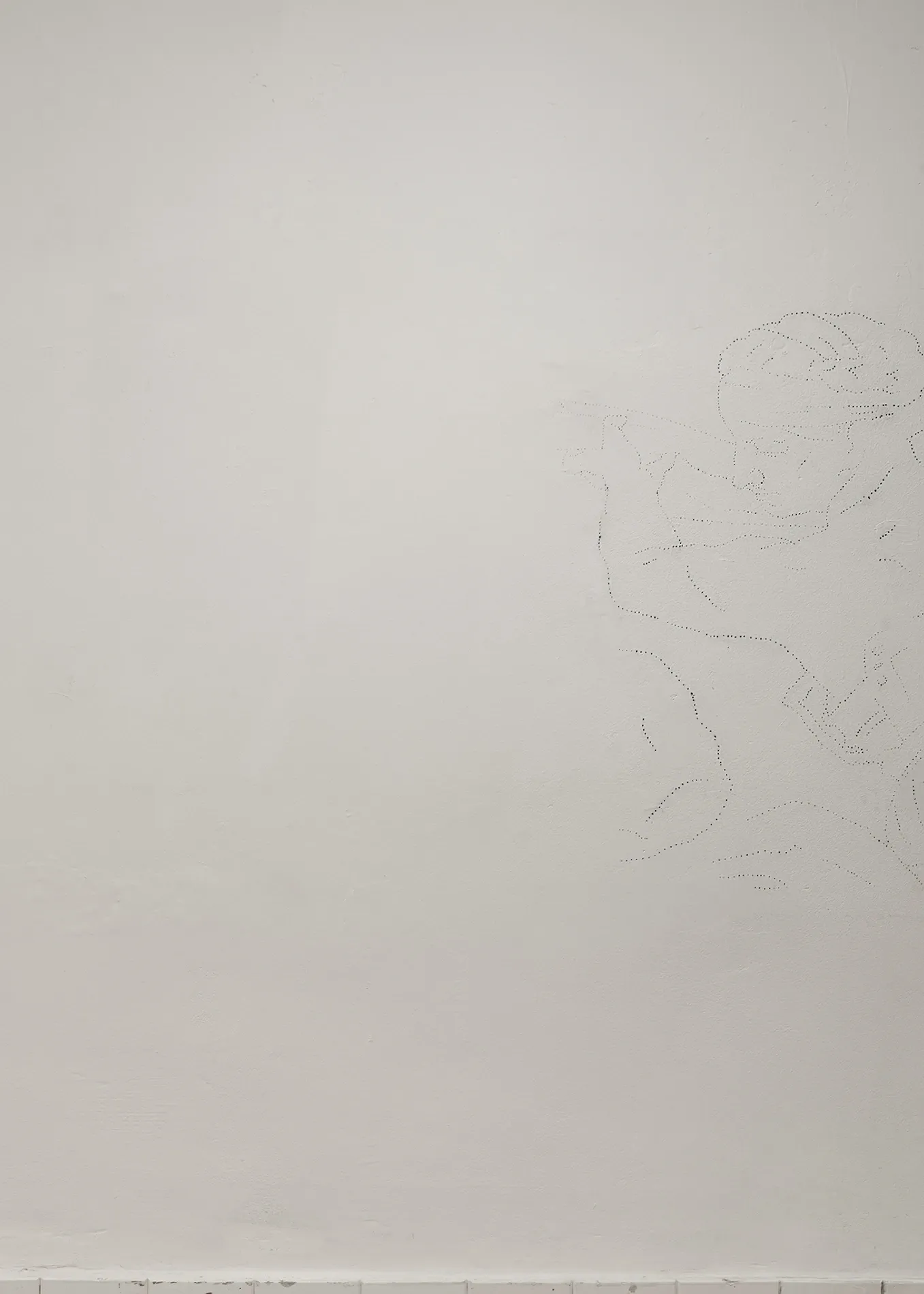 Anzhelika Palyvoda, Echoes that refuse to fade, FAVU Gallery Brno, 2026, faint punctured figurative drawing on white wall