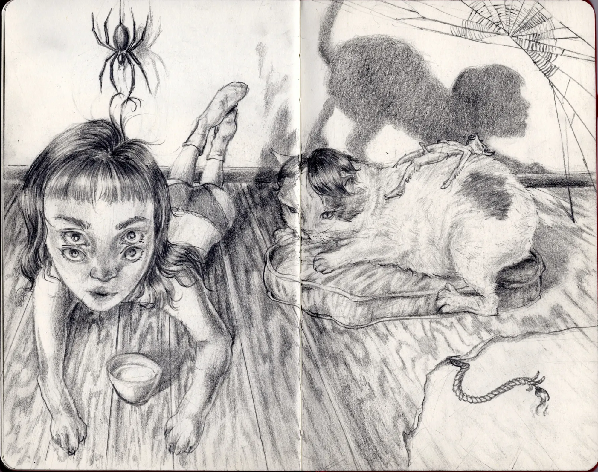 Rei Xiao, graphite sketchbook study for Aqui Gatito, studio, 2025, figure with spider and cat drawing in pencil