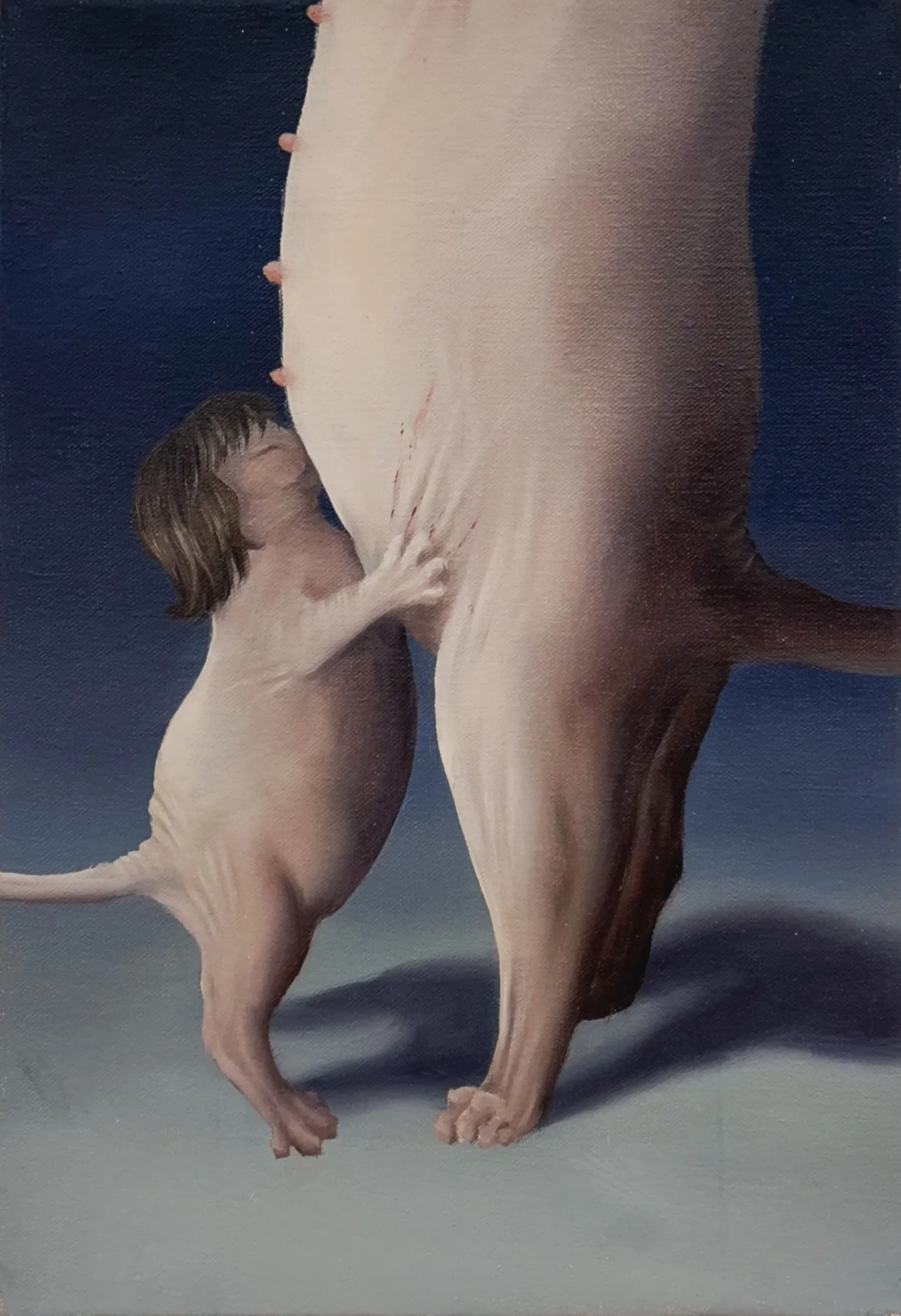 Rei Xiao, Biscuits biscuits, oil on canvas, 2025, sphynx-like figure with human head pressing against larger standing body