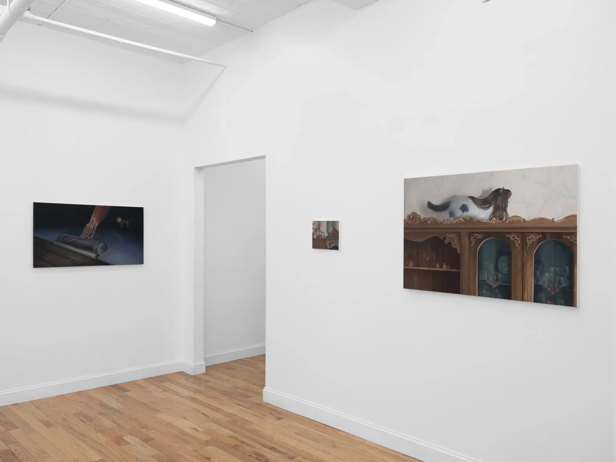 Rei Xiao, The Flea and the Acrobat, Fragment Gallery, New York, 2025, wide room view with multiple paintings