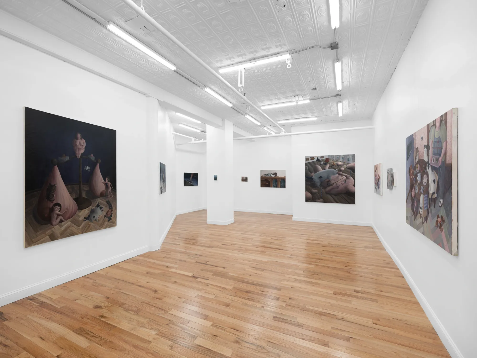 Rei Xiao, The Flea and the Acrobat, Fragment Gallery, New York, 2025, wide room view with multiple paintings