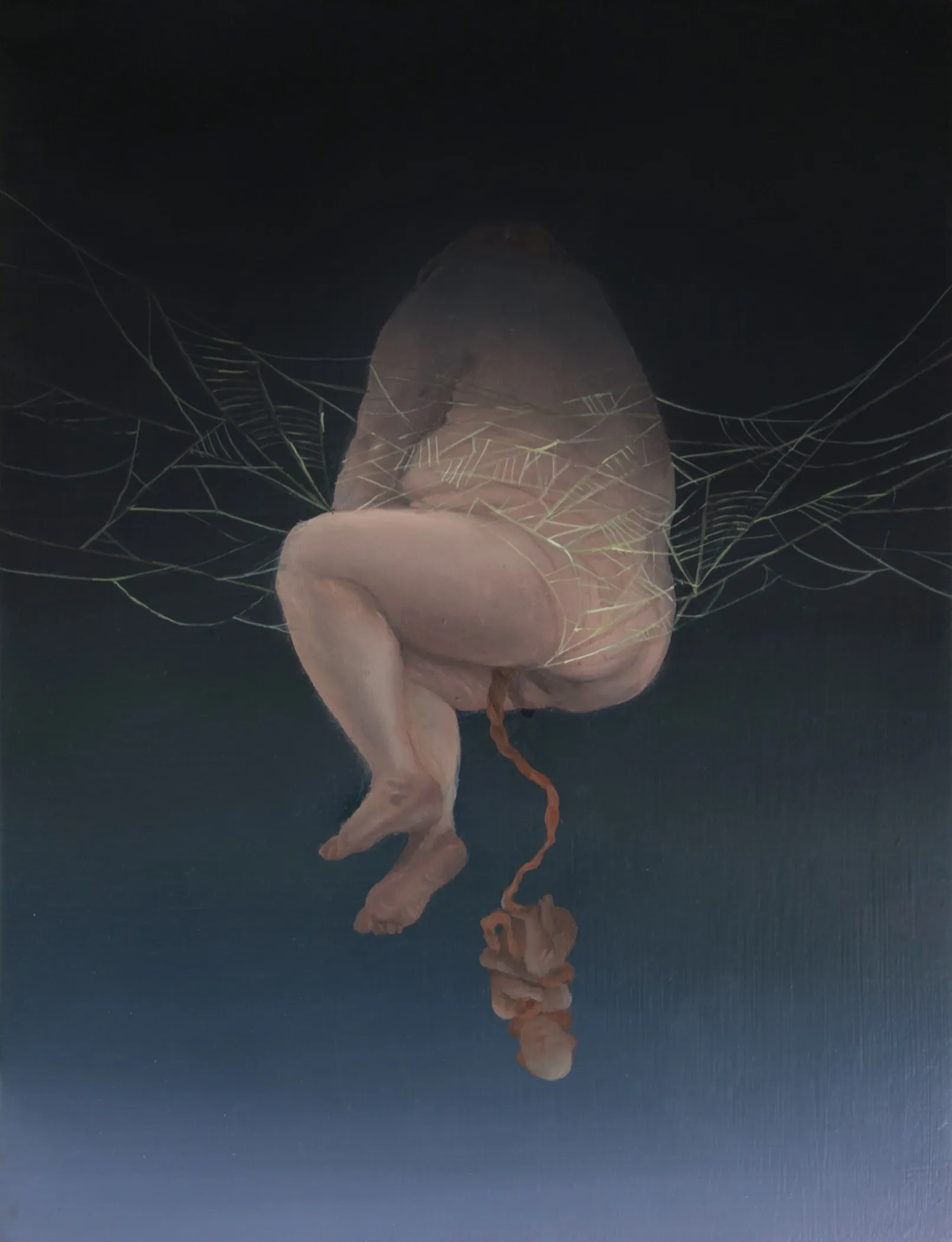 Rei Xiao, Itsy bitsy spider, oil on panel, 2026, headless nude figure suspended in spider webs against dark ground