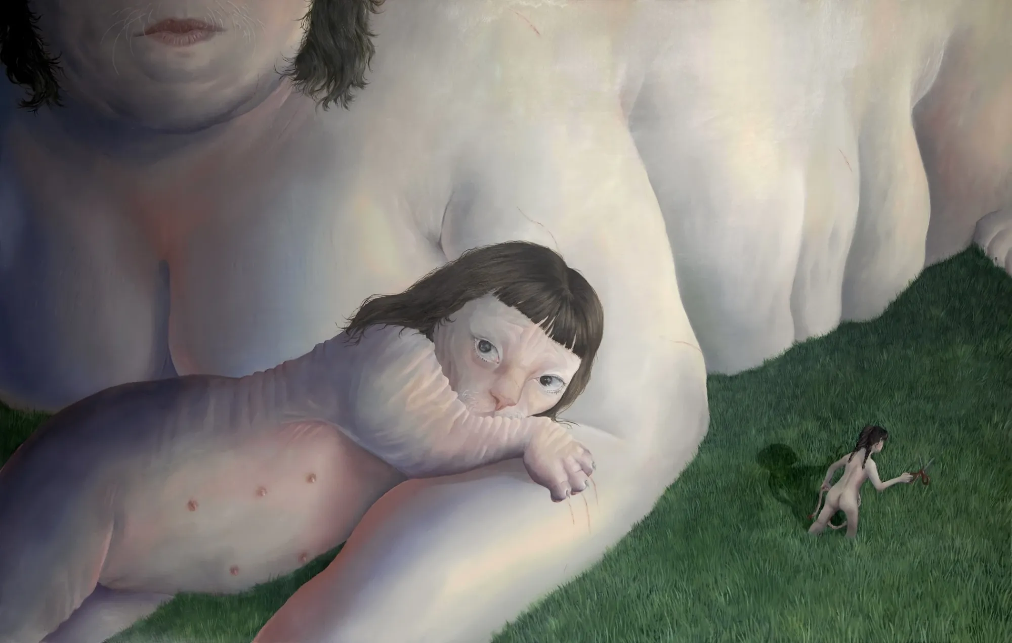 Rei Xiao, My soft and comfortable mama, oil on canvas, 2026, close-up of large body with small figure resting against it