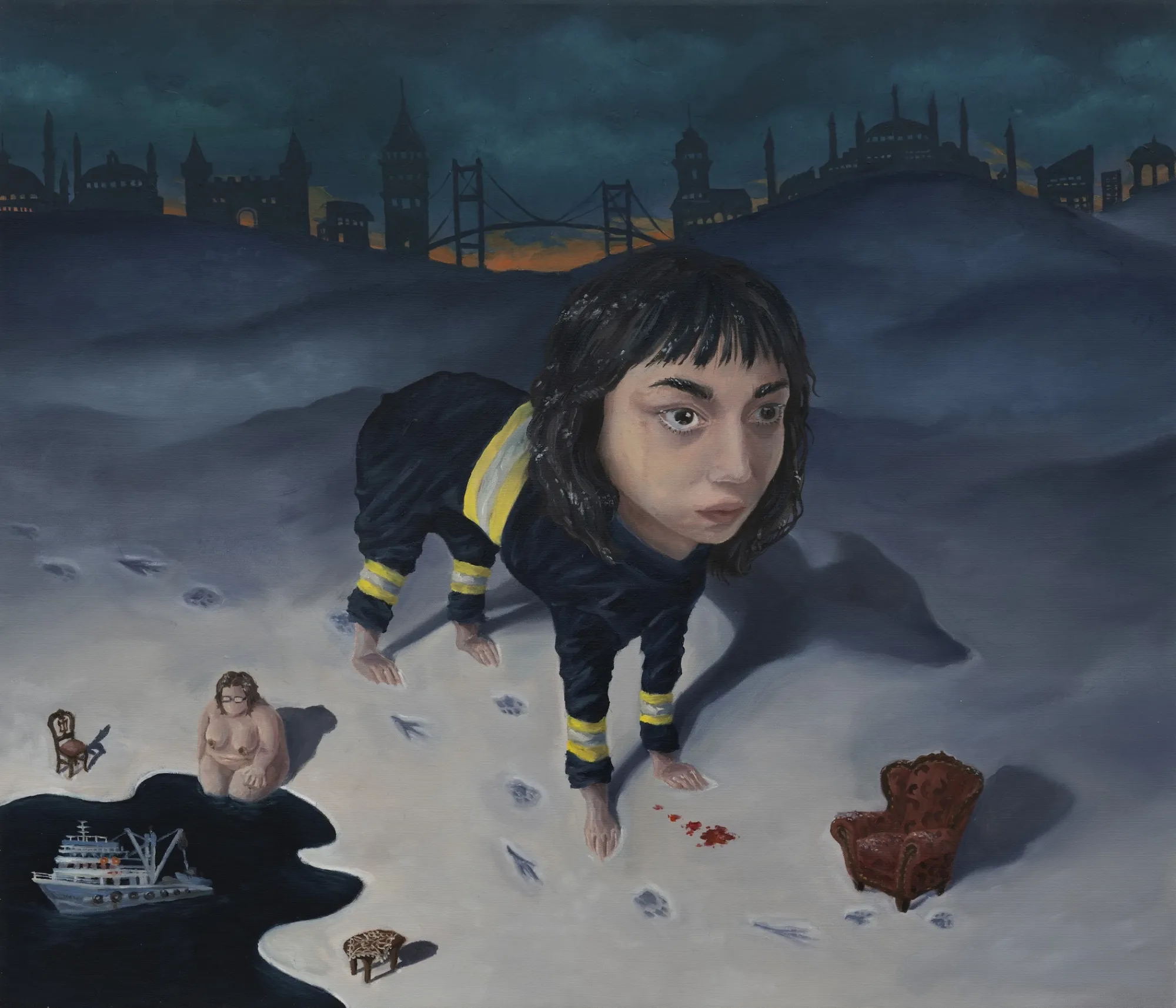 Rei Xiao, Snowflakes dissolving in their own sticky blood, oil on canvas, 2024, figure crawling on snow with Istanbul skyline