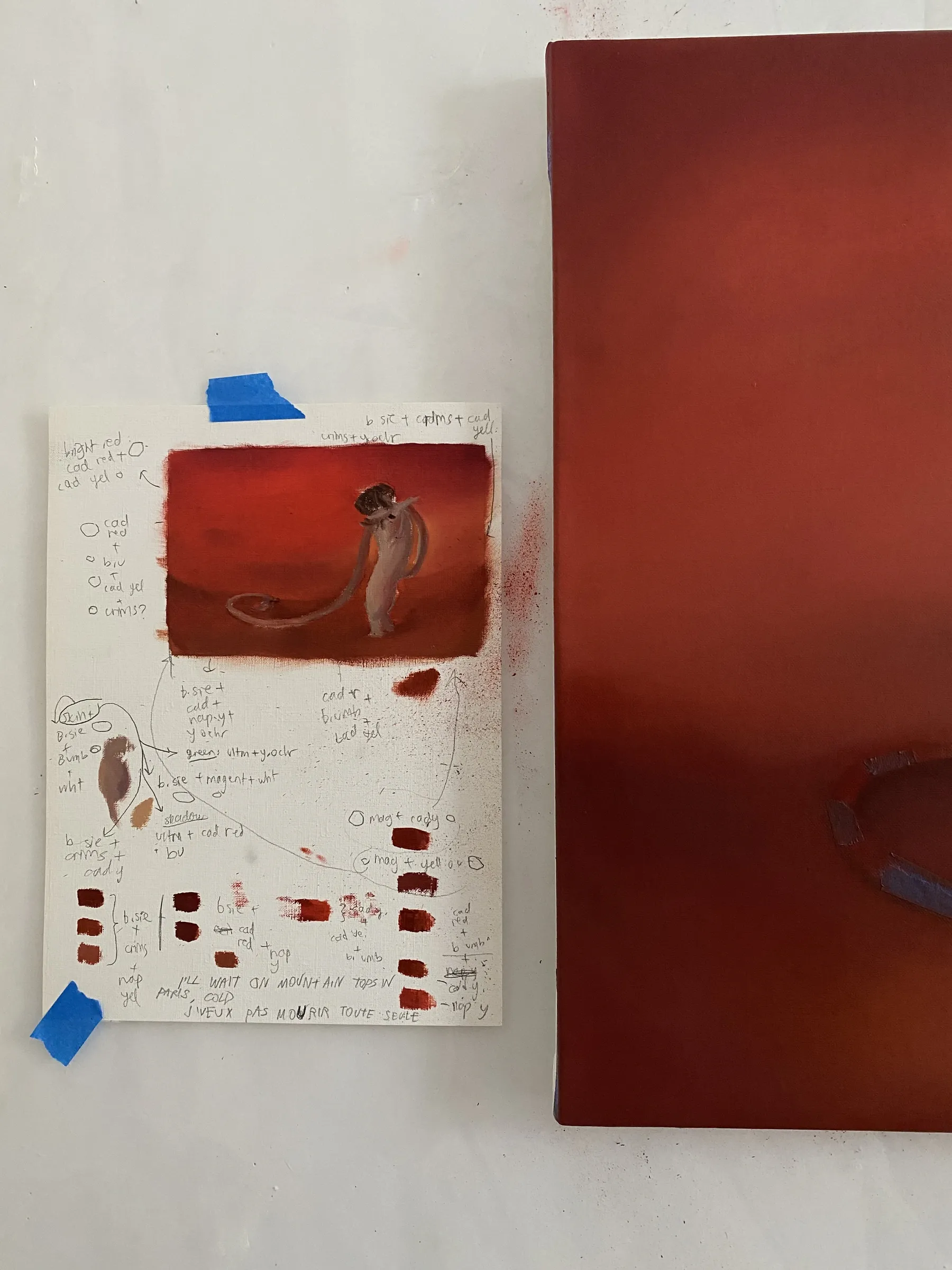 Rei Xiao studio Brooklyn 2025, red canvas in progress on wall with handwritten color notes sheet below