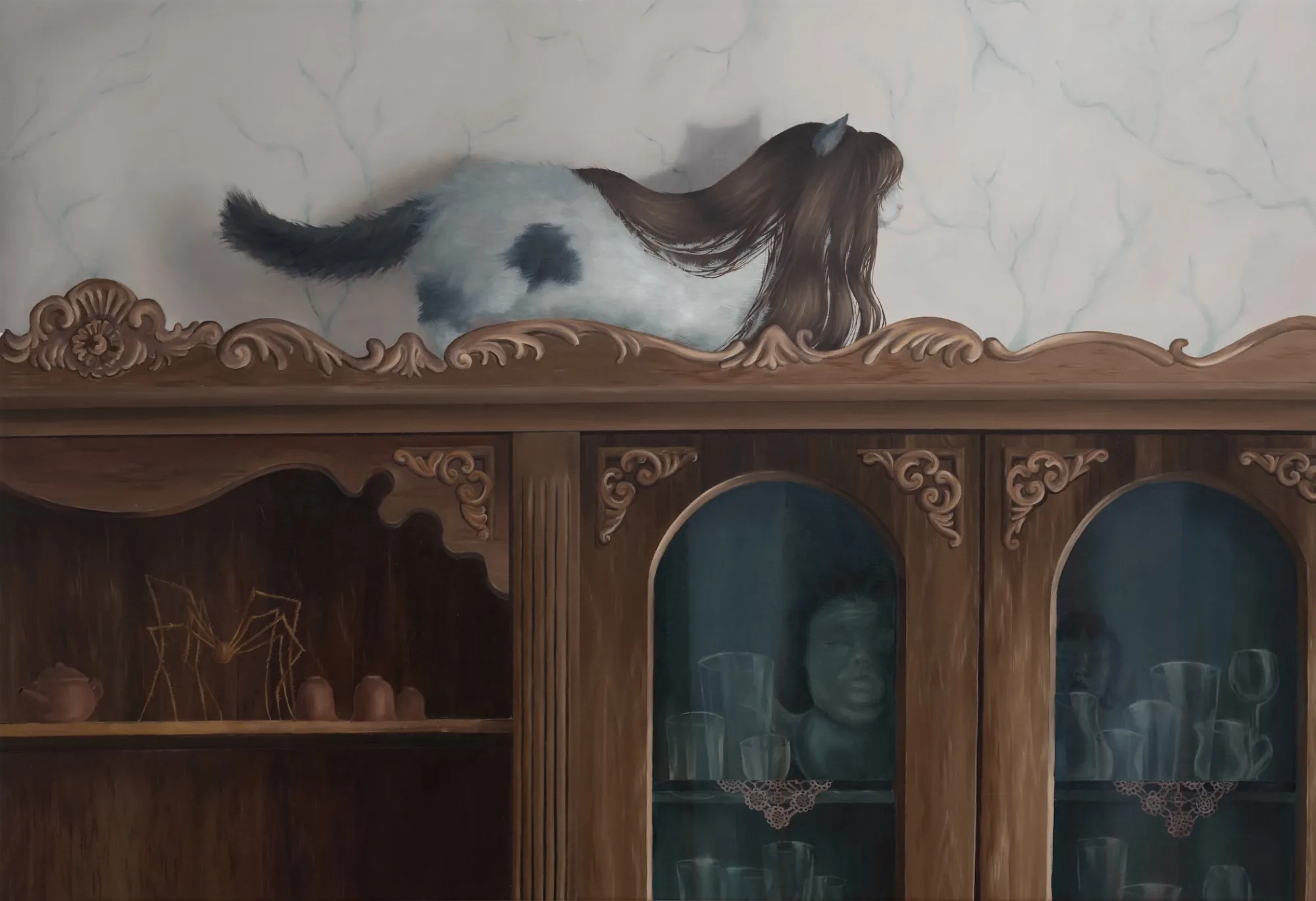 Rei Xiao, Youve been Turked, oil on canvas, 2025, chimeric cat-human on top of ornate Ottoman cabinet with face visible inside