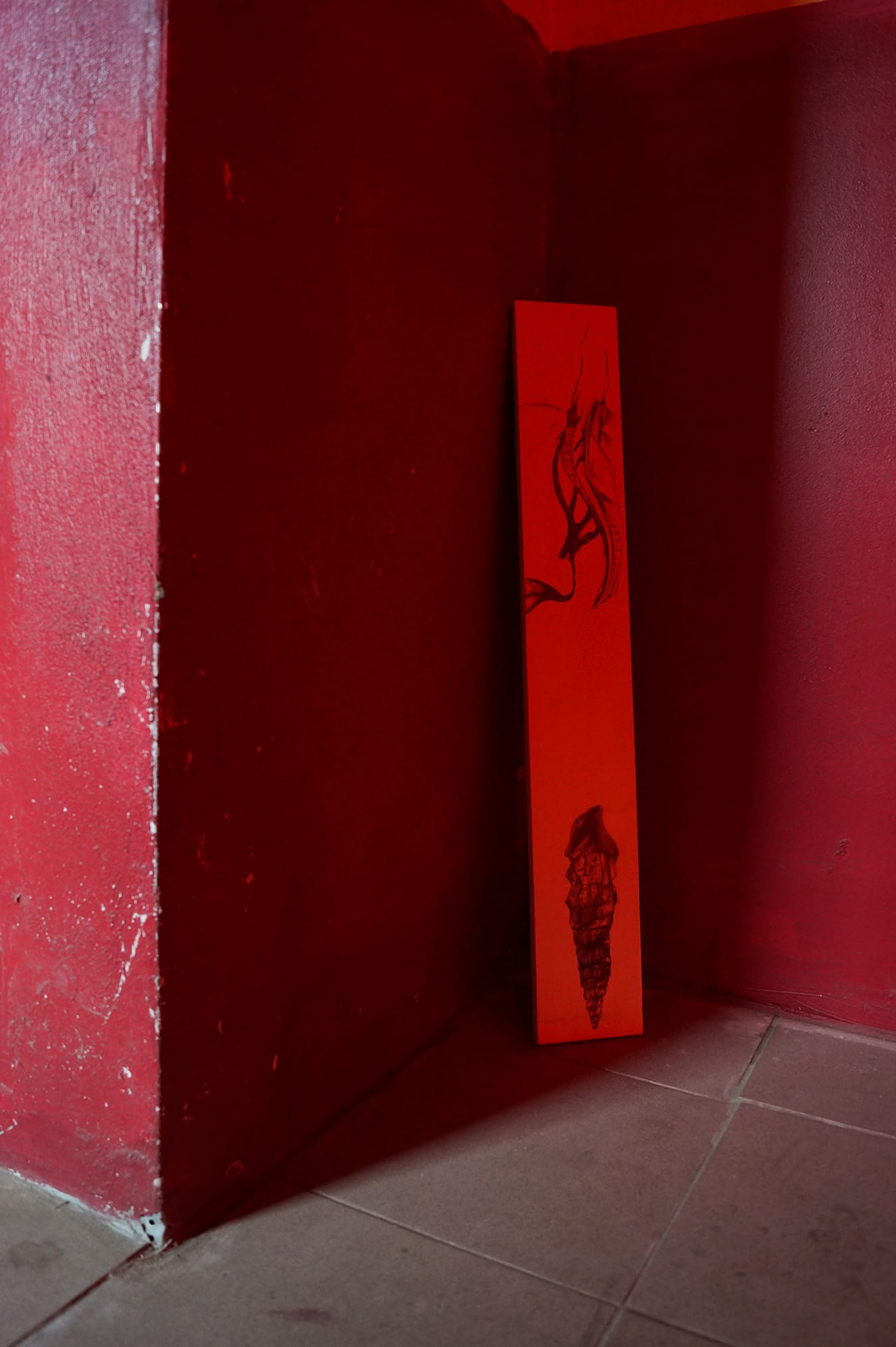 Matilde Sambo, Chapter II, Phantom Pförtnerhaus, Berlin, 2026, tall framed graphite drawing of spine and anatomical forms on yellow wall