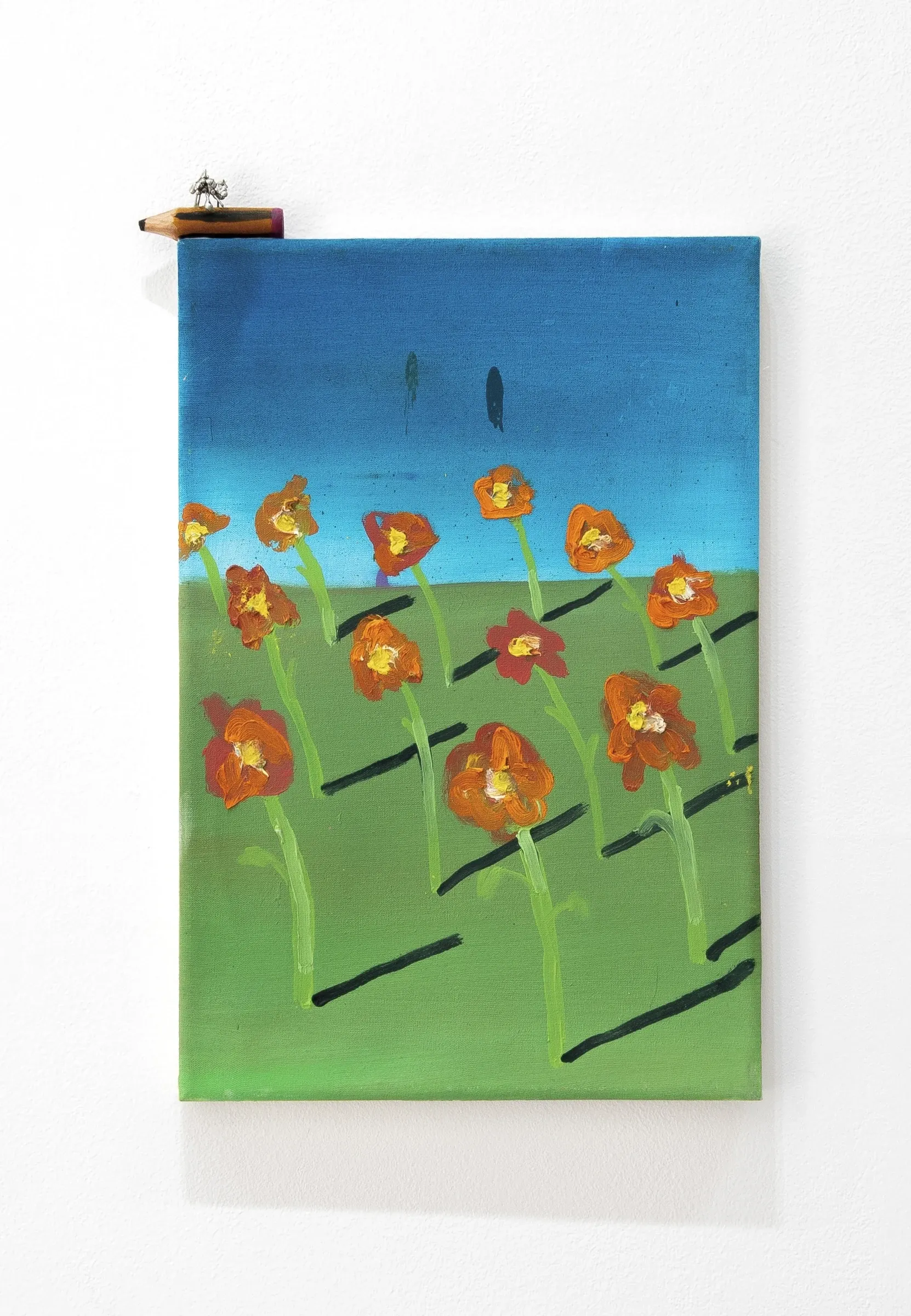 Yeti, Dogs Heart, 2025, painting of orange and red poppy field with small sculptural figure on pencil, The Edit Gallery, Limassol