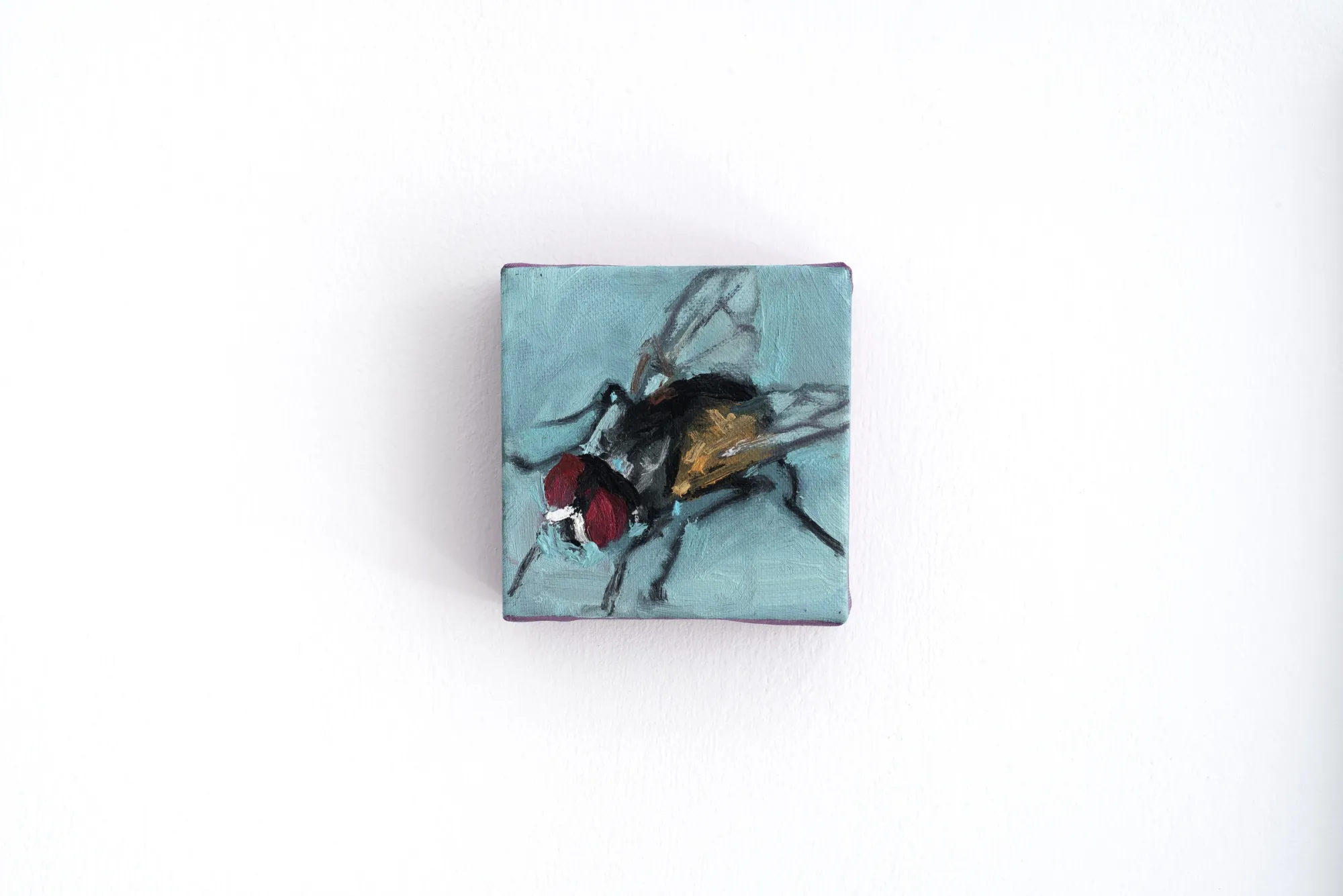 Yeti, Untitled, 2025, close-up of small oil painting of a fly on teal blue canvas ground, The Edit Gallery, Limassol