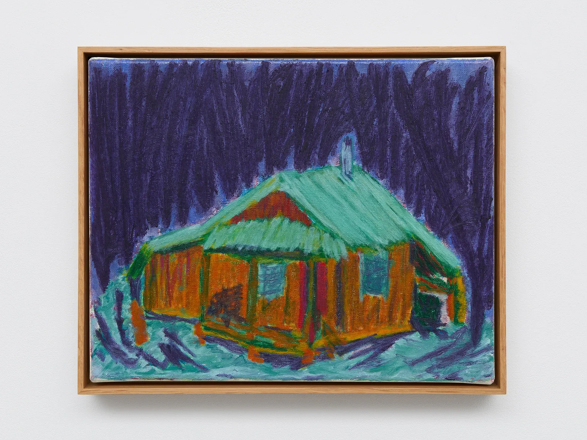 David Hanes, I Fear Safety, 2025, oil painting of an orange cabin with green roof in a dark snowy forest at night