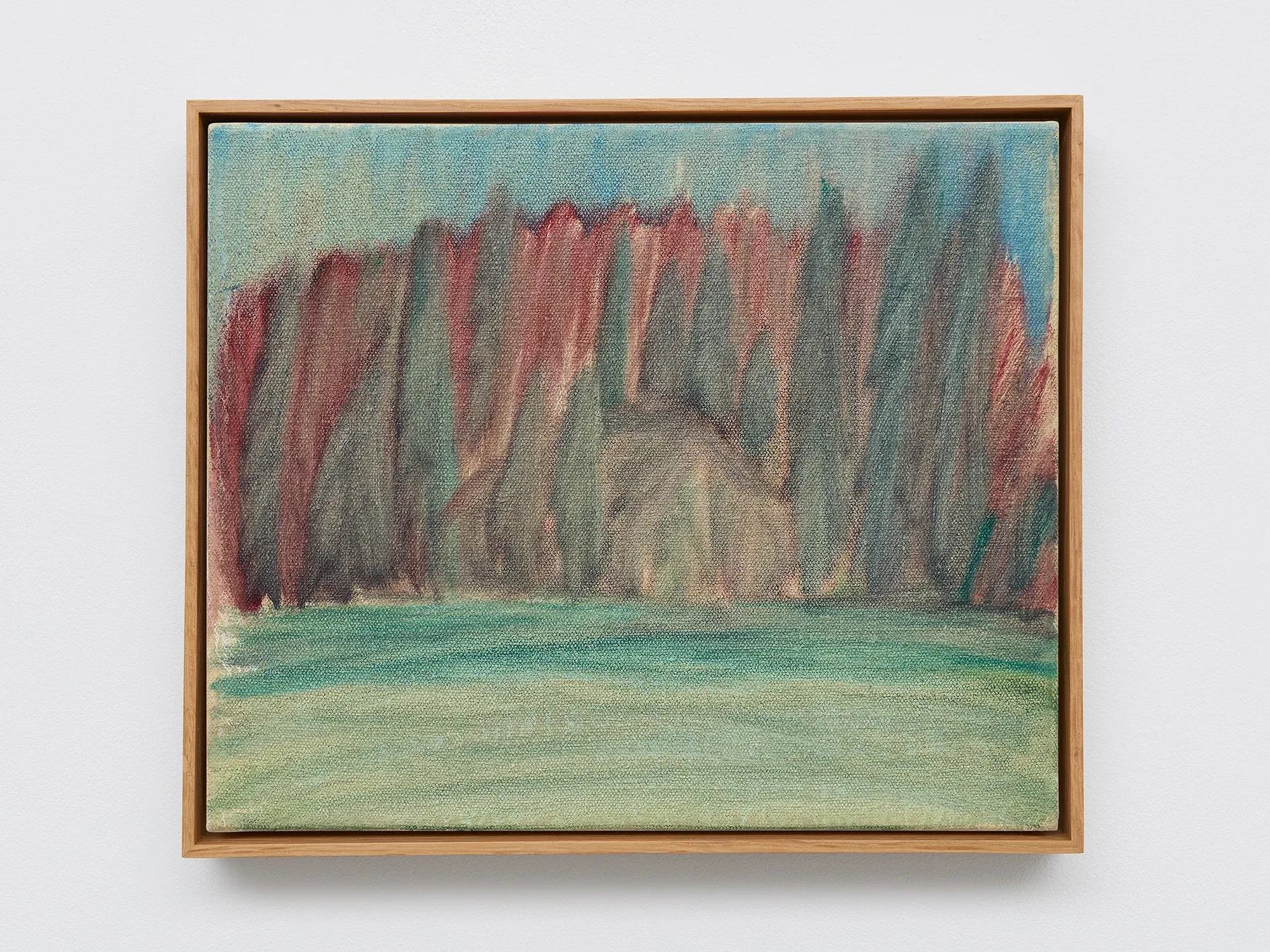 David Hanes, In the Pines, 2026, oil painting of a wall of red and green trees above a pale green field