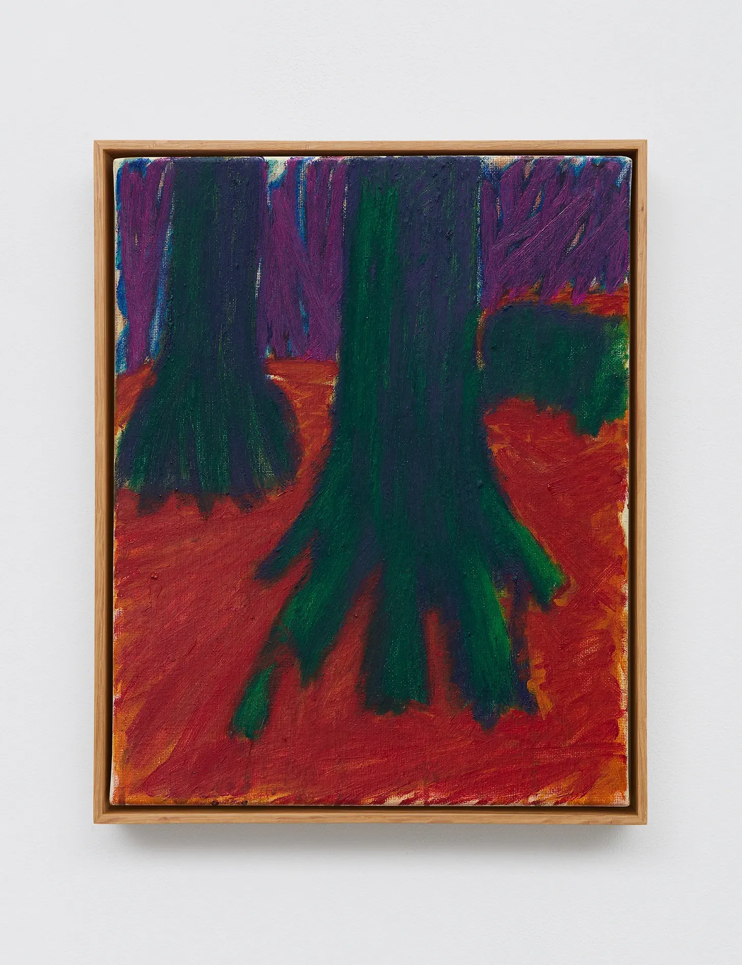 David Hanes, Trees and the Ground, 2026, oil painting of dark green tree trunks on red ground against purple woods