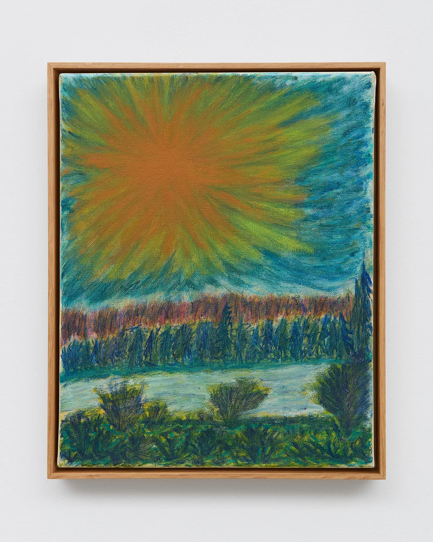 David Hanes, Waiting for the Thaw, 2026, oil painting of an orange sunburst over a river, bushes and forest