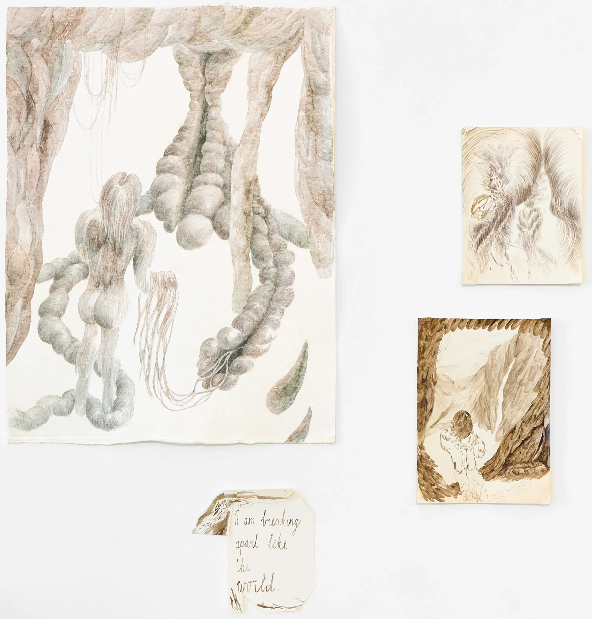 Dominika Trapp, A Parable for Endings and Beginnings, rotor, Graz, 2026, four ink and watercolour drawings on gallery wall