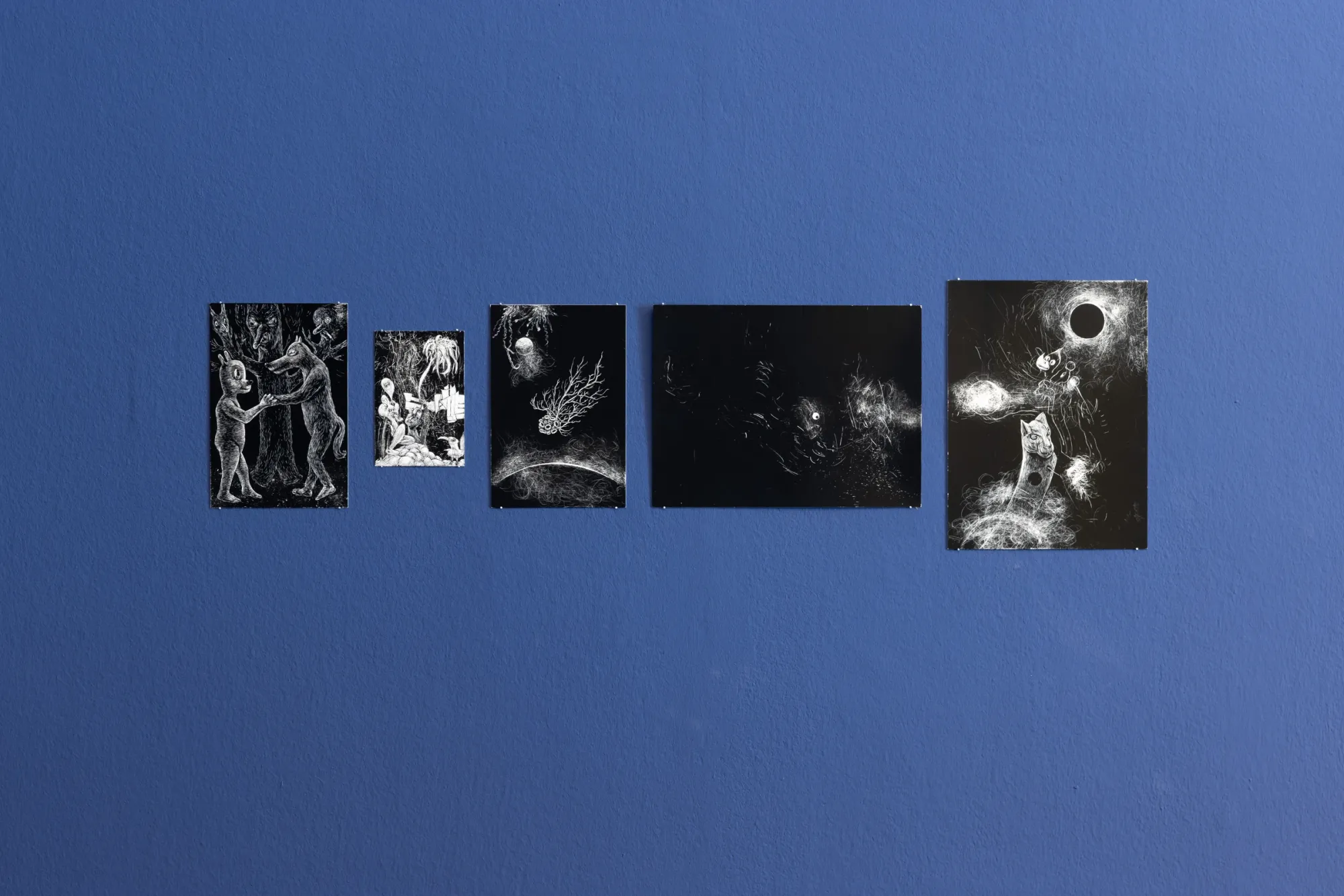Edda Strobl, A Parable for Endings and Beginnings, rotor, Graz, 2026, five black and white scraperboard drawings close up