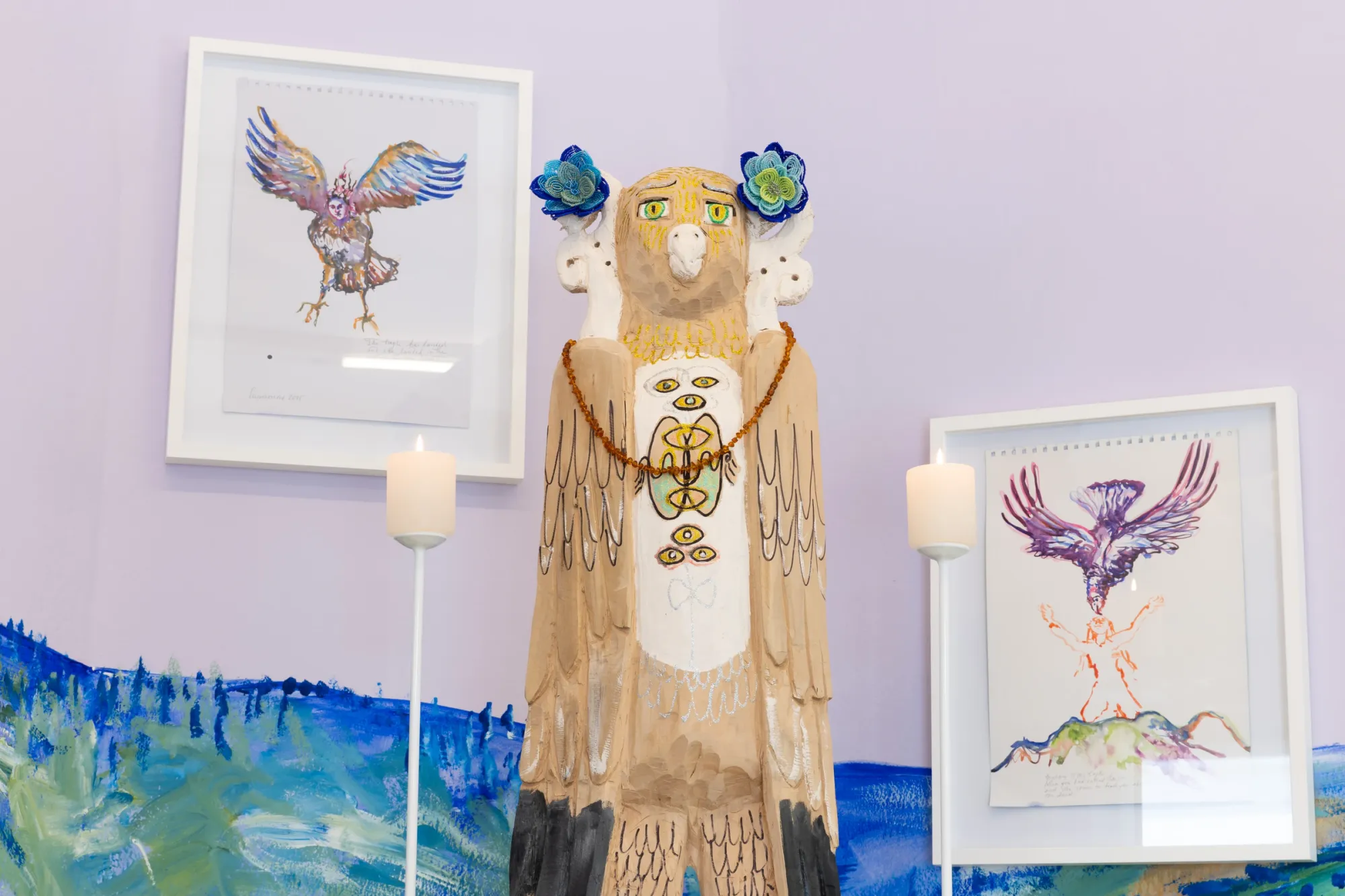 Elisabeth von Samsonow, A Parable for Endings and Beginnings, rotor, Graz, 2026, carved wooden eagle figure with drawings catapult contemporary