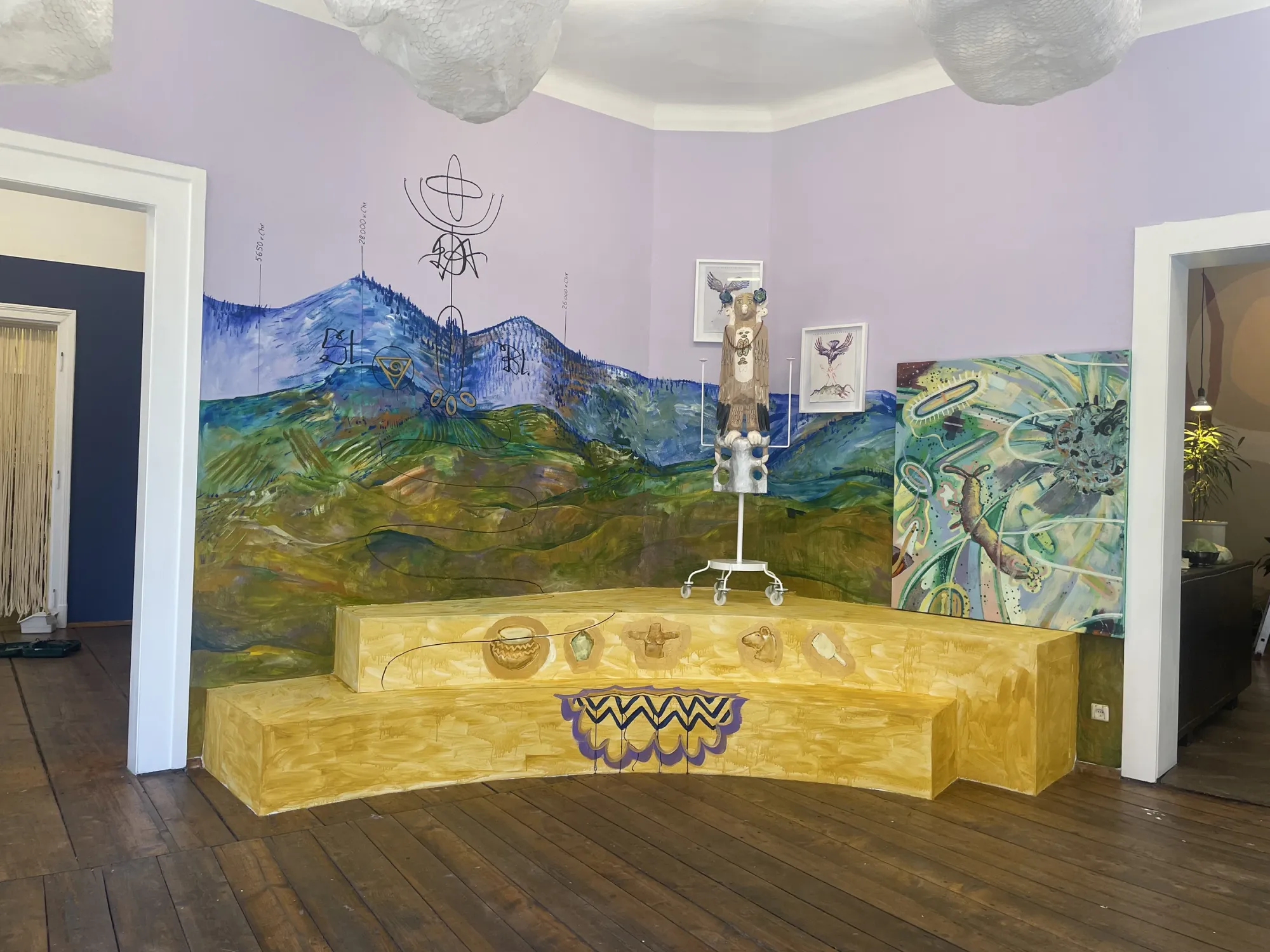 Elisabeth von Samsonow, A Parable for Endings and Beginnings, rotor, Graz, 2026, mountain mural with eagle sculpture and paintings