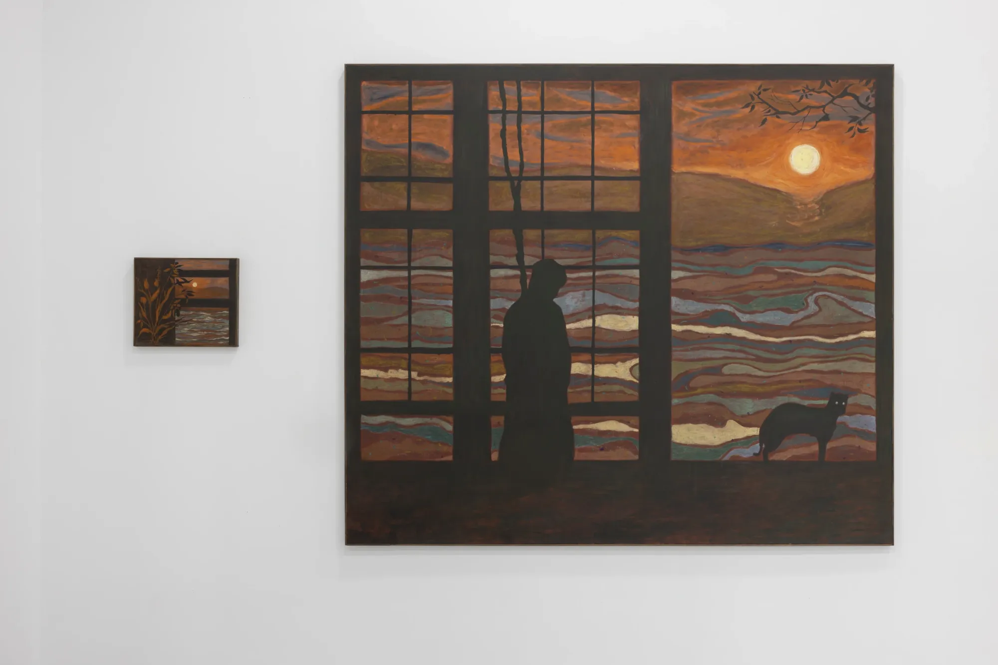 Erekle Chinchilakashvili, studio practice and artwork at The Why Not Gallery, Tbilisi, 2024. Painting of a dark silhouetted figure and dog before a striped sunset window, in warm ochre tones.