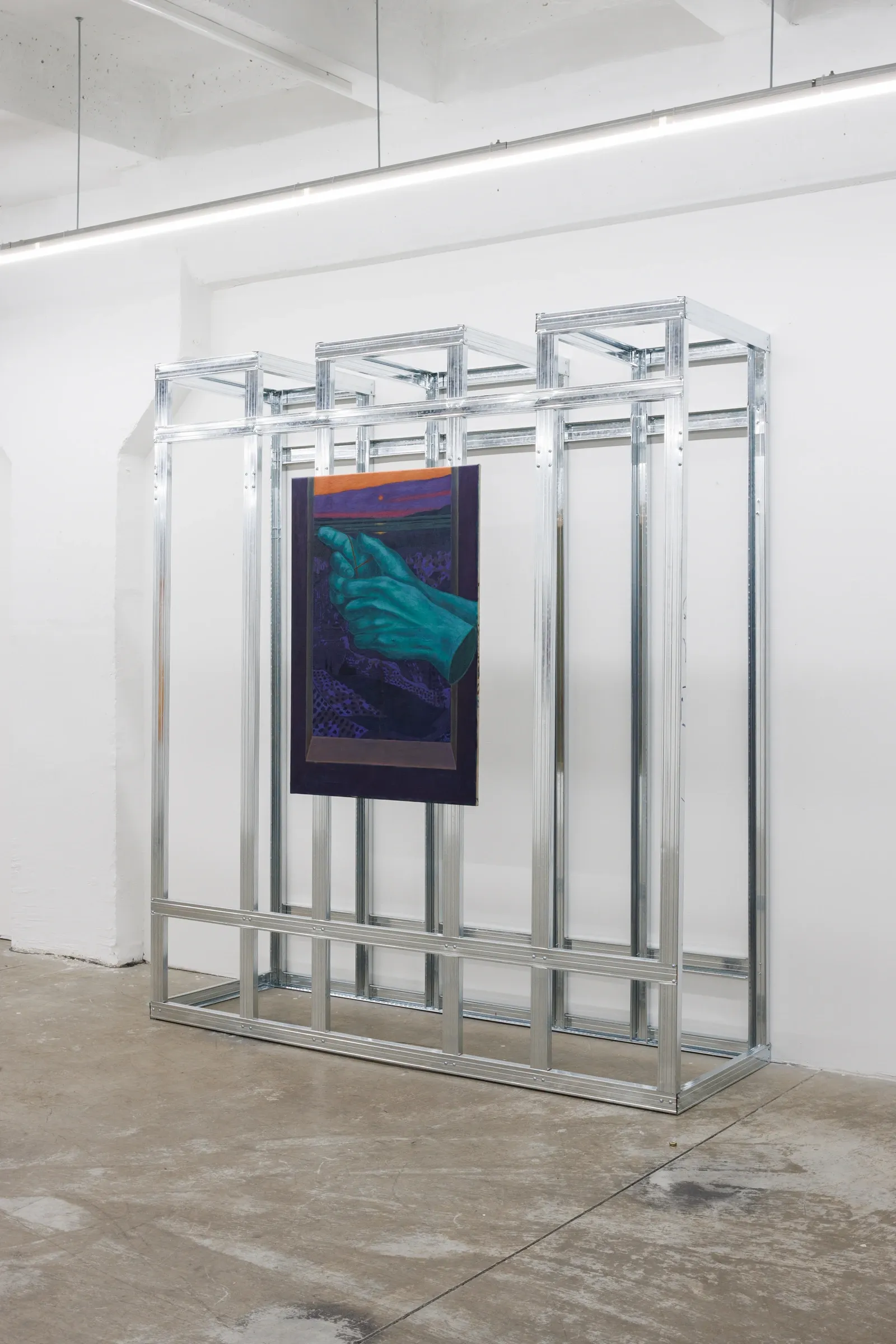 Exhibition review of Erekle Chinchilakashvili: The Story of a Thread Seen From the Window at The Why Not Gallery, Tbilisi, 2026, detail, close crop of a dark teal painting seen through the aluminum rails of the grid structure.