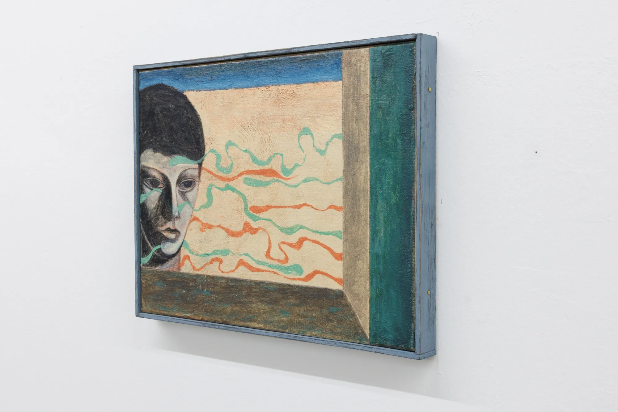 Exhibition review of Erekle Chinchilakashvili: The Story of a Thread Seen From the Window at The Why Not Gallery, Tbilisi, 2026, installation view, three dark framed paintings held inside separate bays of a steel scaffolding structure.