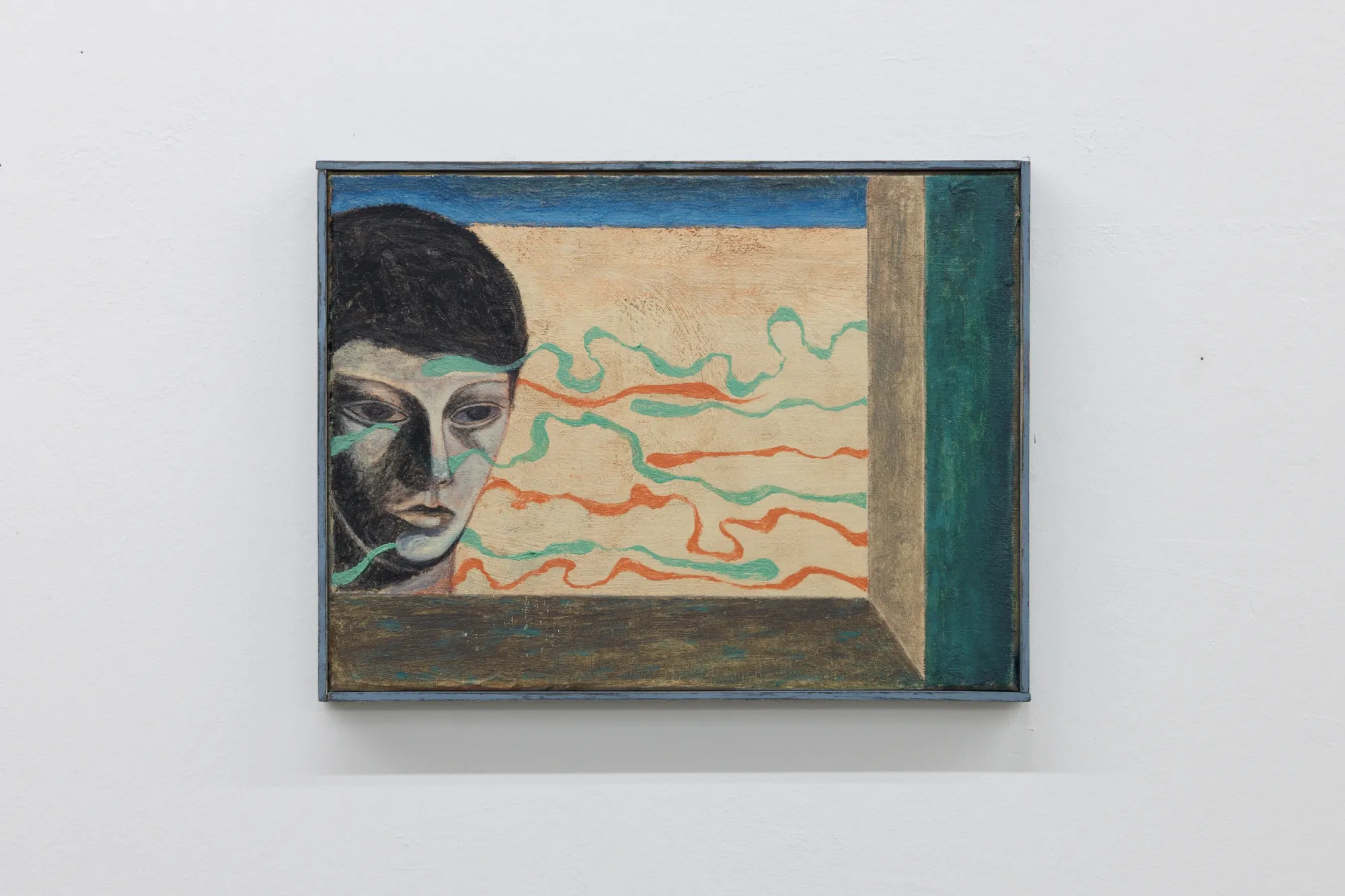 Artist Profile Feature: Erekle Chinchilakashvili, studio practice and artwork at The Why Not Gallery, Tbilisi, 2026. Painted portrait, half a face crossed by winding orange and green ribbon-like forms.