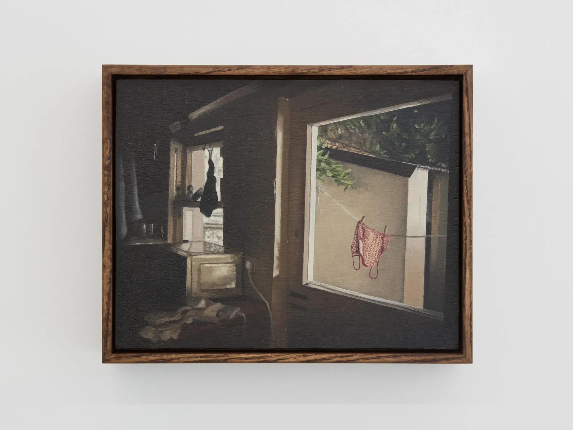 Exhibition review of What Shall We Do for the Rent? at Haricot Gallery, London, 2026. Selena Corsellis artwork Diptych view, dark kitchen interior beside a window with a red knitted garment drying on a line outside.