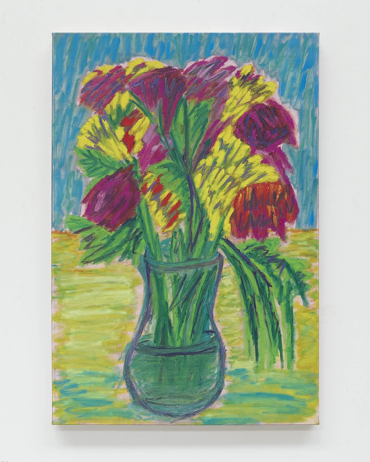 Exhibition review of What Shall We Do for the Rent? at Haricot Gallery, London, 2026. Close-up detail of thickly painted flower petals in magenta, yellow and red against green stems.