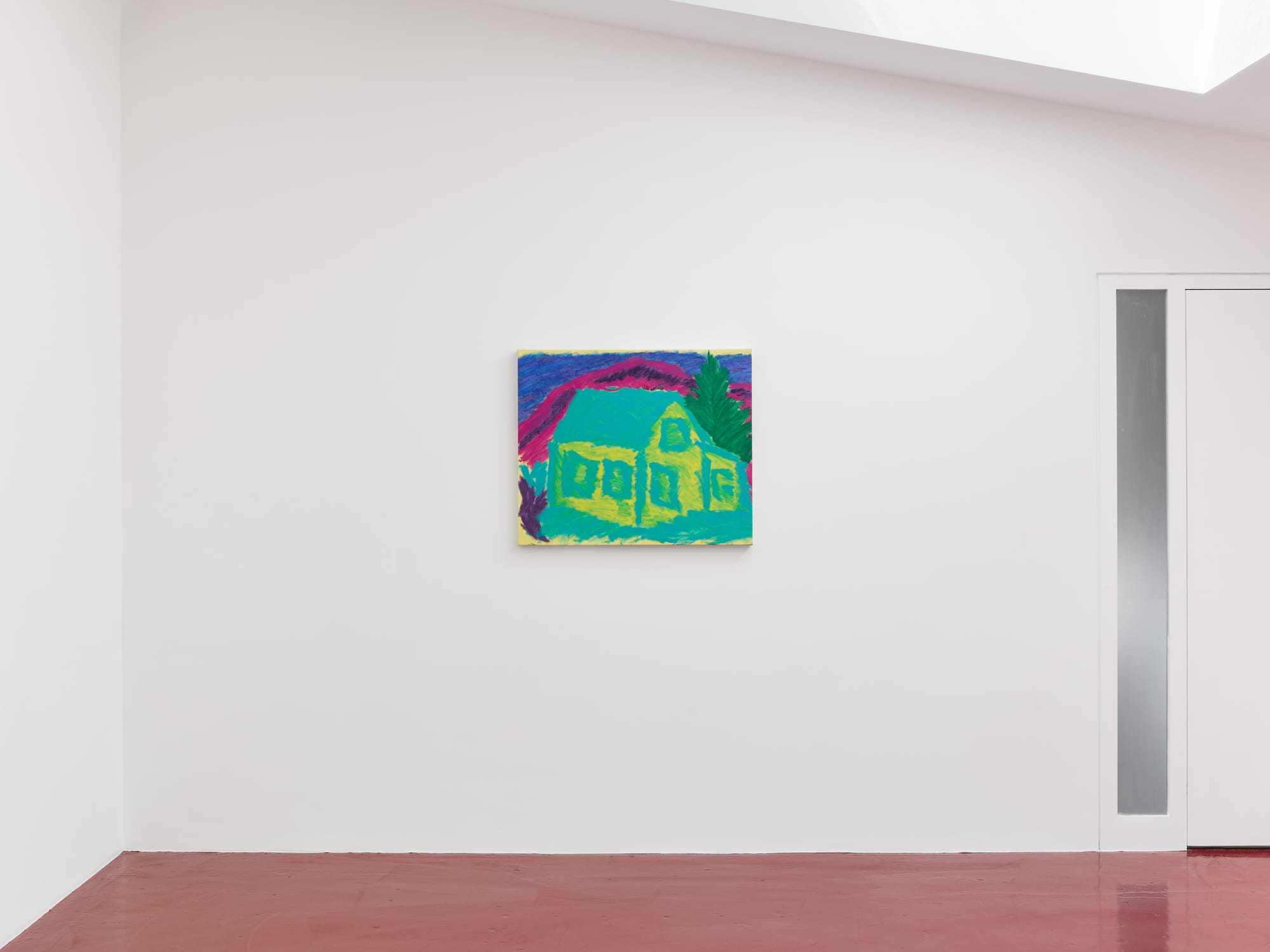 David Hanes - Waiting Patiently⁠ painting Exhibition review of What Shall We Do for the Rent? at Haricot Gallery, London, 2026. Close-up detail of the acid-green house facade with yellow window outlines and a dark pine tree.