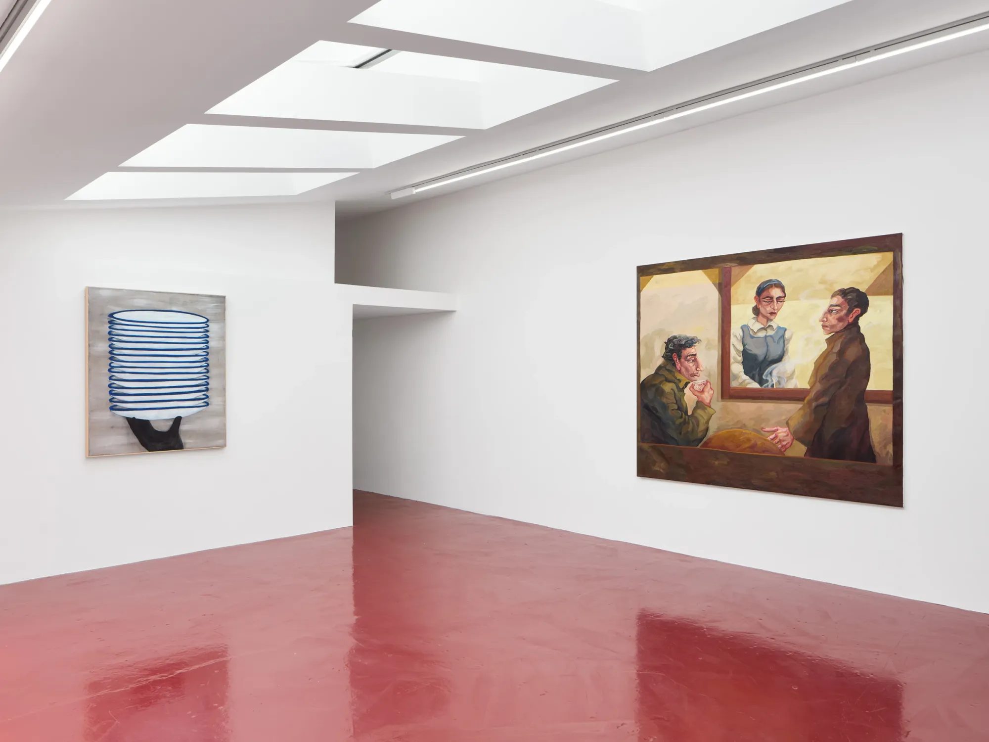 Exhibition review of What Shall We Do for the Rent? at Haricot Gallery, London, 2026. Gallery room with a painting of stacked white plates on a black arm beside a large figure painting, red floor.