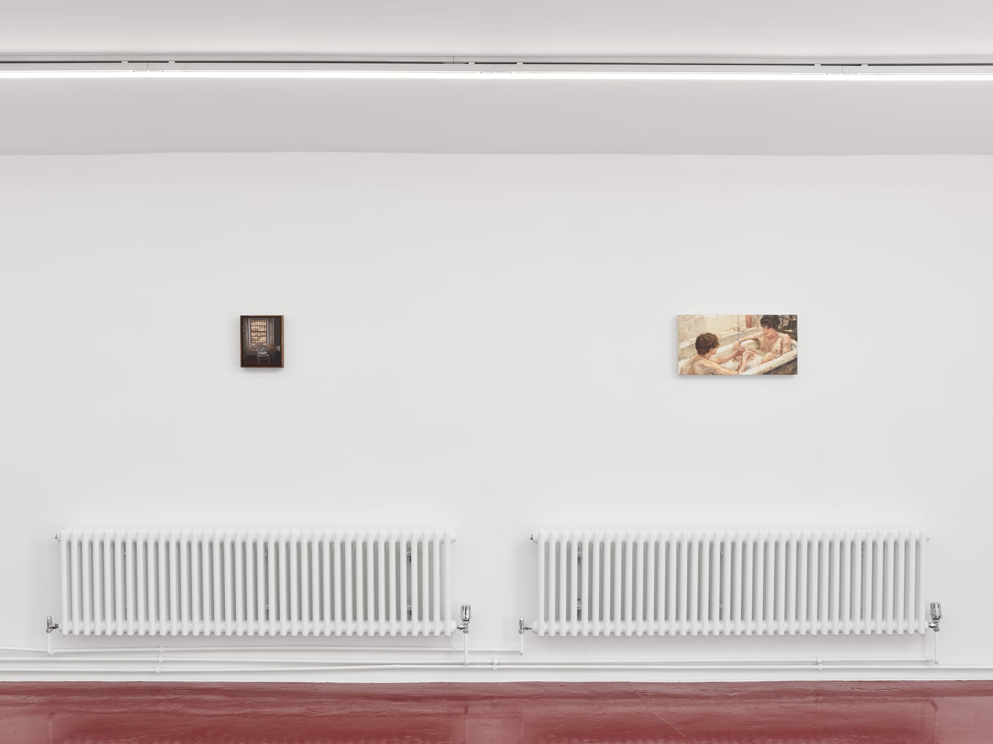 Exhibition review of What Shall We Do for the Rent? at Haricot Gallery, London, 2026. Two small paintings above white radiators, a dark interior scene and a bathtub diptych of two figures.