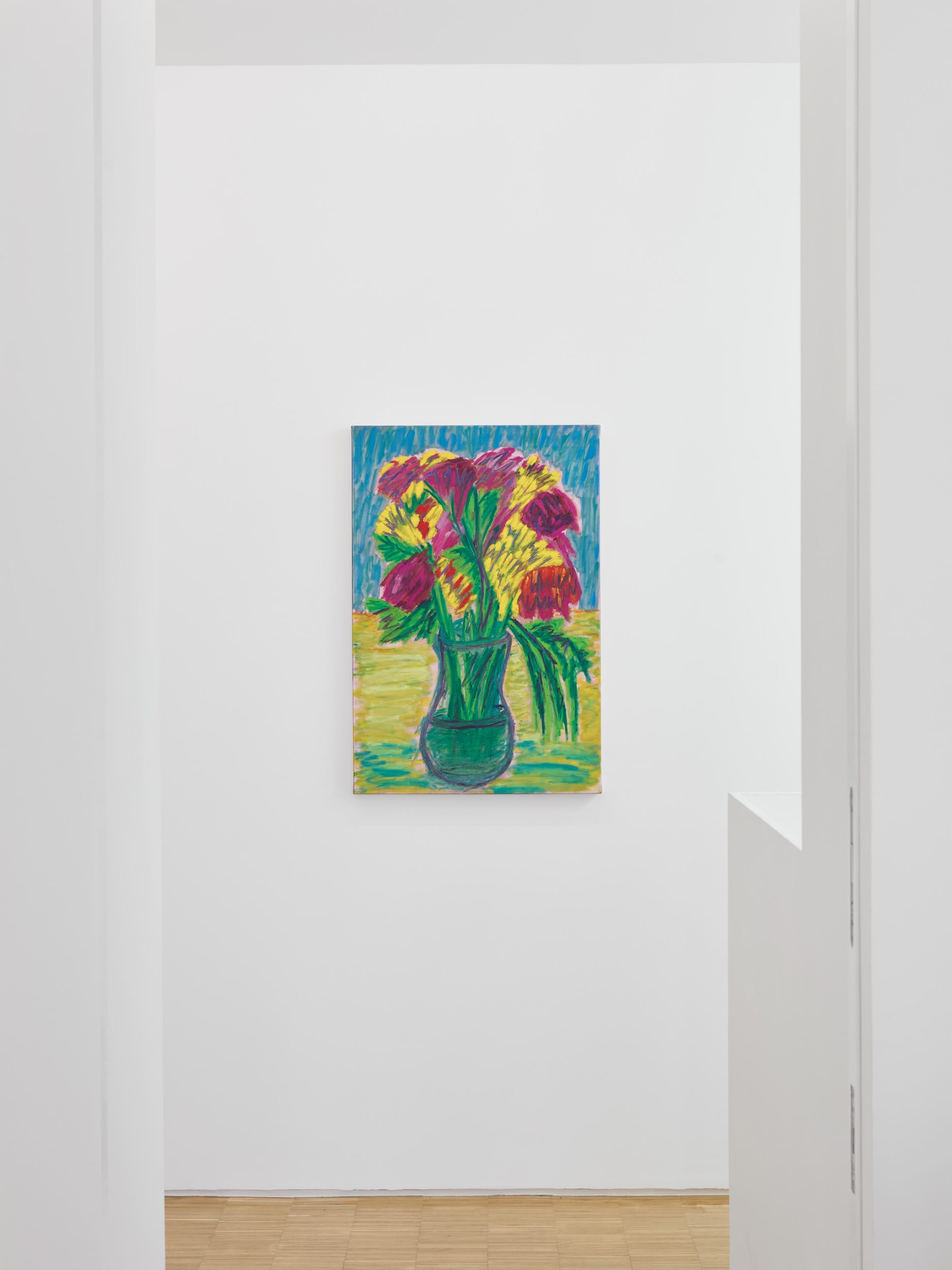 David Hanes - painting - for you and Exhibition review of What Shall We Do for the Rent? at Haricot Gallery, London, 2026. Thick oil strokes of magenta, yellow and red cut flowers in a green glass vase against a turquoise ground.