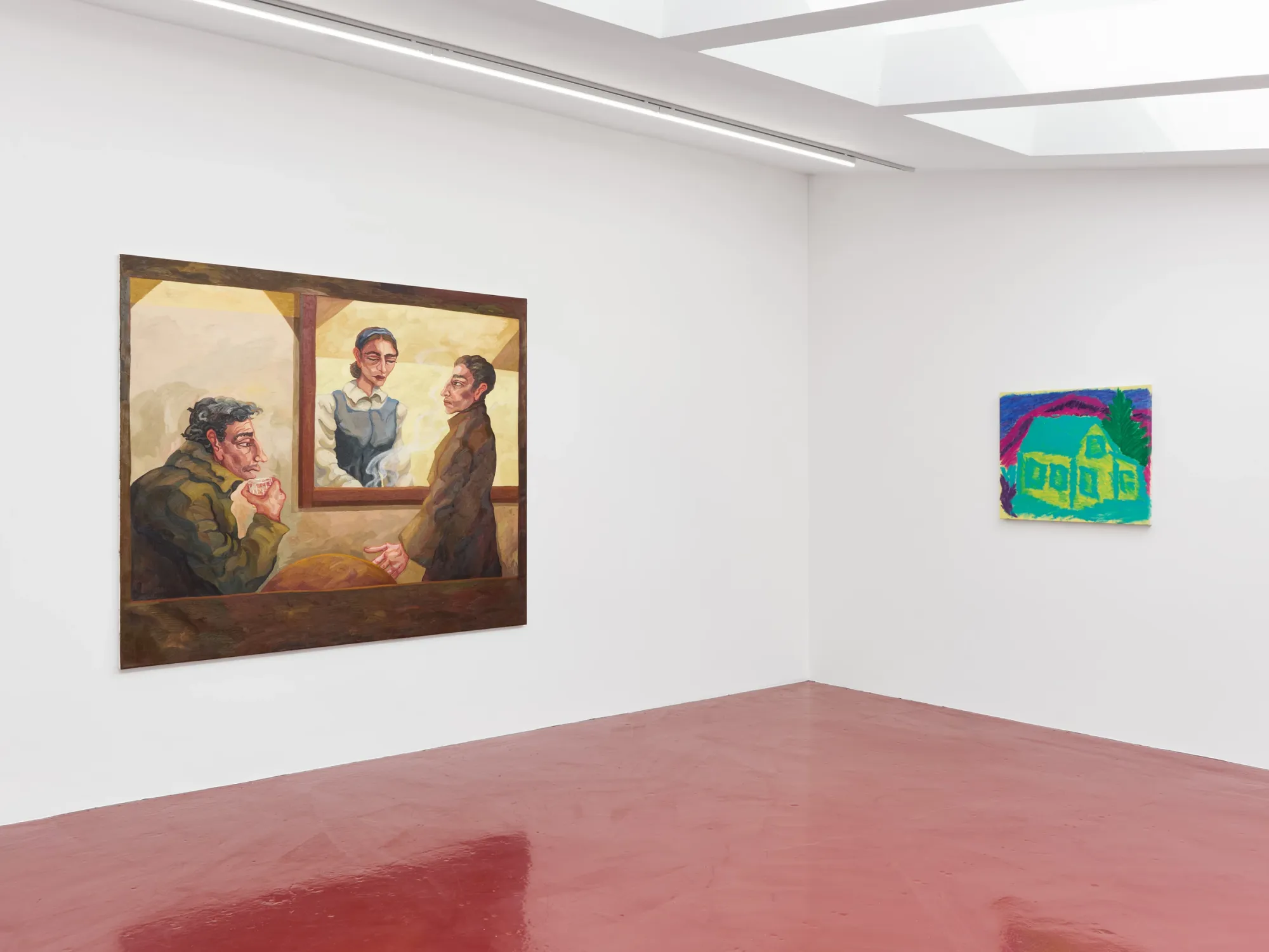 Ania Trojanowska (left) Bar Mleczny‘&nbsp; and David Hanes Waiting Patiently⁠ painting rightExhibition review of What Shall We Do for the Rent? at Haricot Gallery, London, 2026. Acid turquoise and yellow house under a magenta sky, painted in a naive, high-contrast palette.