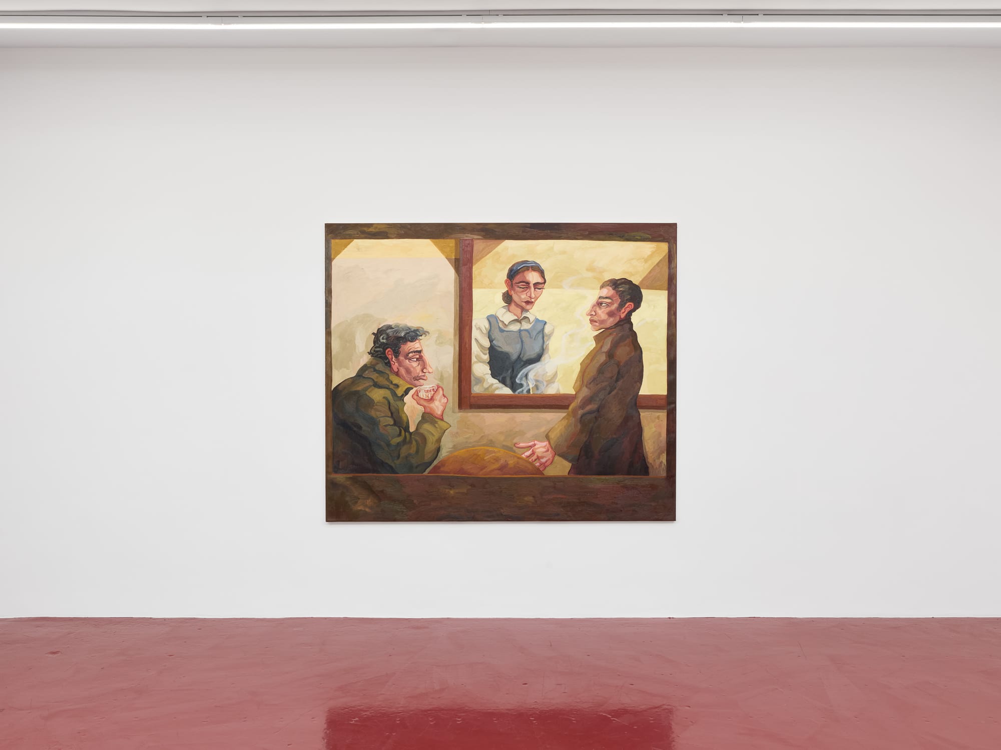 Exhibition review of What Shall We Do for the Rent? at Haricot Gallery, London, 2026. Ania Trojanowska artwork painting Bar Mleczny‘&nbsp;Three figures at a table in muted greens and browns, steam rising from a cup between them.