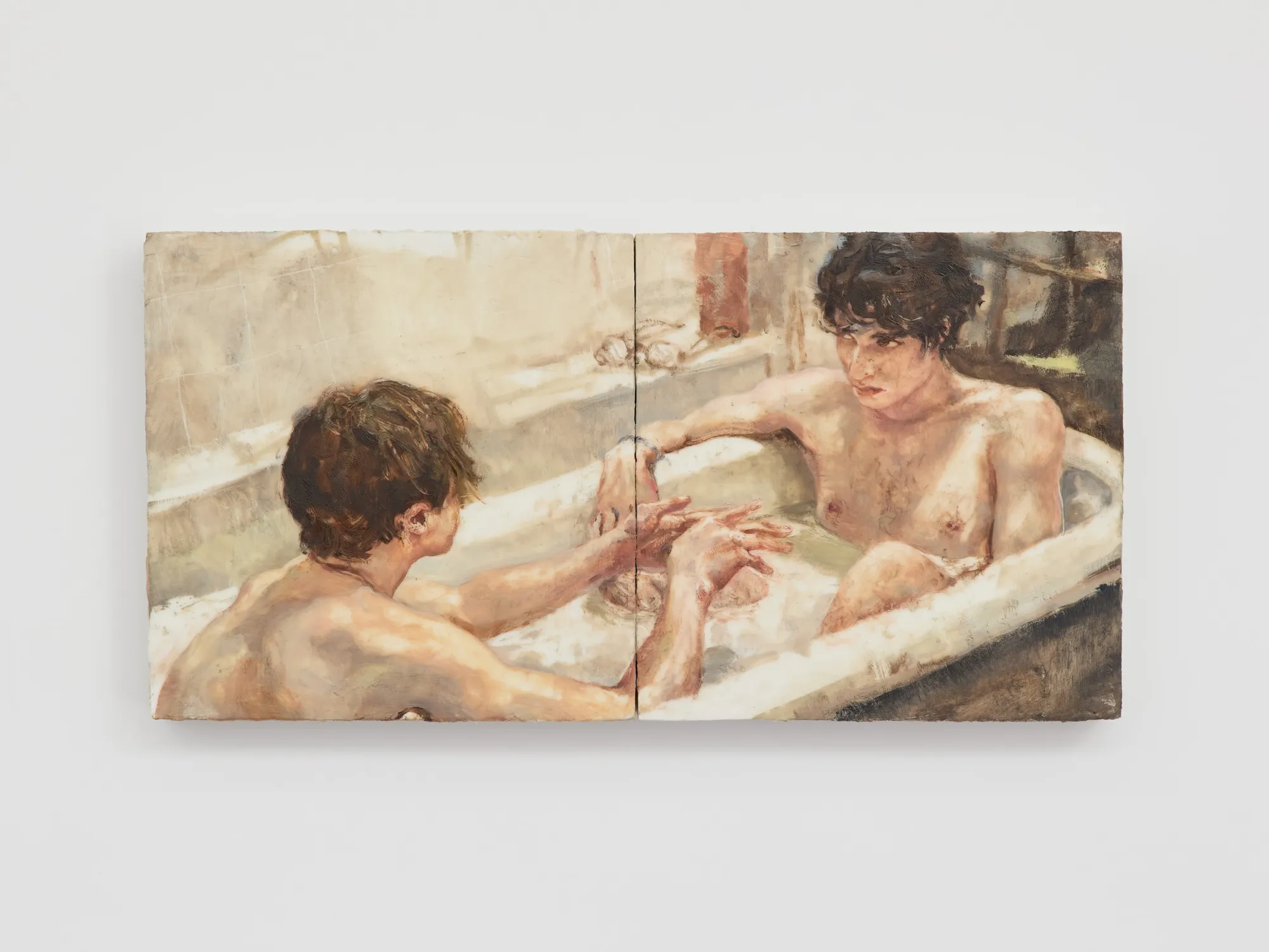 Emily Ponsonby Exhibition review of What Shall We Do for the Rent? at Haricot Gallery, London, 2026. Two boys in a worn bathtub, hands almost touching in the water, rendered in soft ochre tones.
