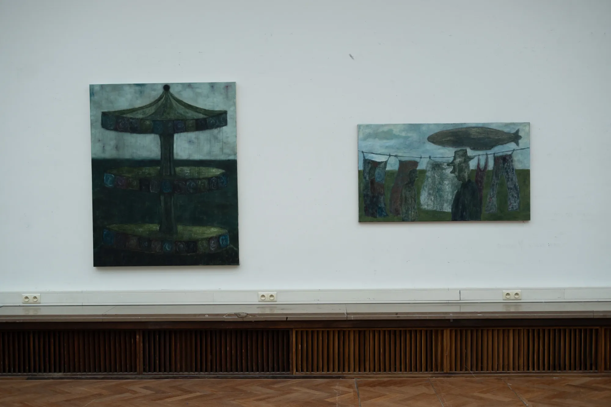 Joan Bonnemaison, Daylight Phantasmagoria, Antwerp, 2026, installation view with carousel and zeppelin paintings