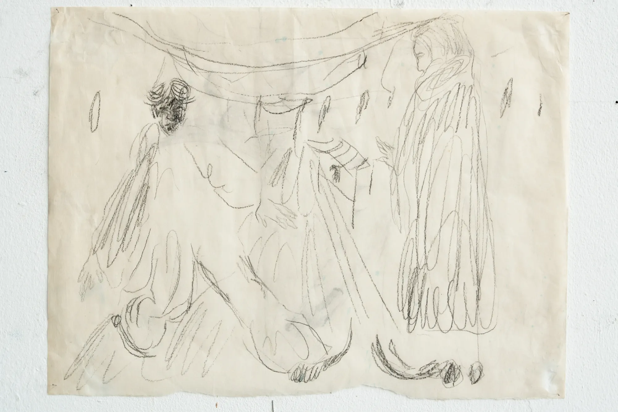 Joan Bonnemaison, graphite study on paper for Daylight Phantasmagoria, two figures with hanging cloth, catapult exhibition submission