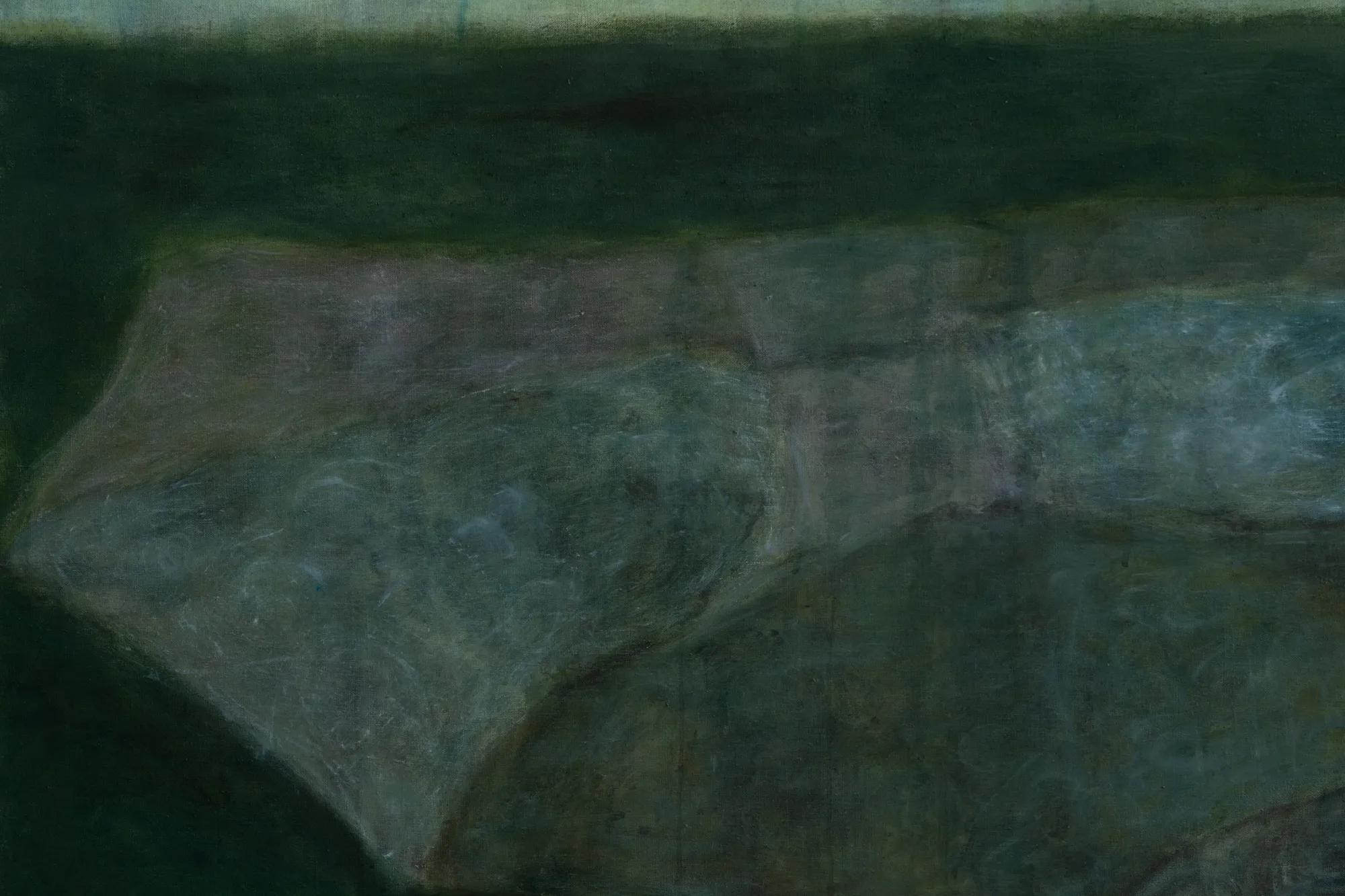 Joan Bonnemaison, Hold the Dense Daylight Fog, detail, oil on linen, folded veil across green ground, 2026