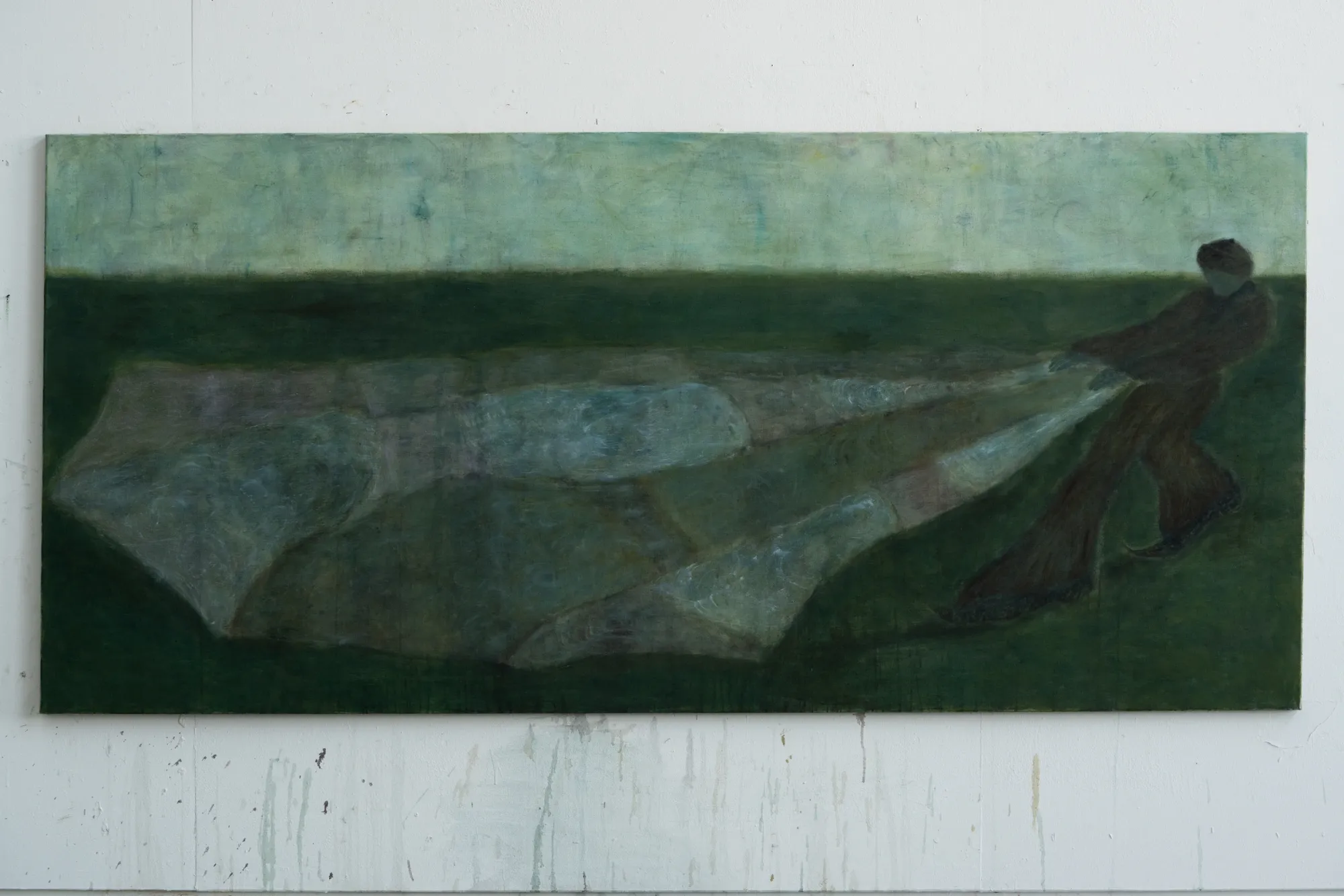 Joan Bonnemaison, Hold the Dense Daylight Fog, oil on linen, figure pulling a veil across a field, 2026