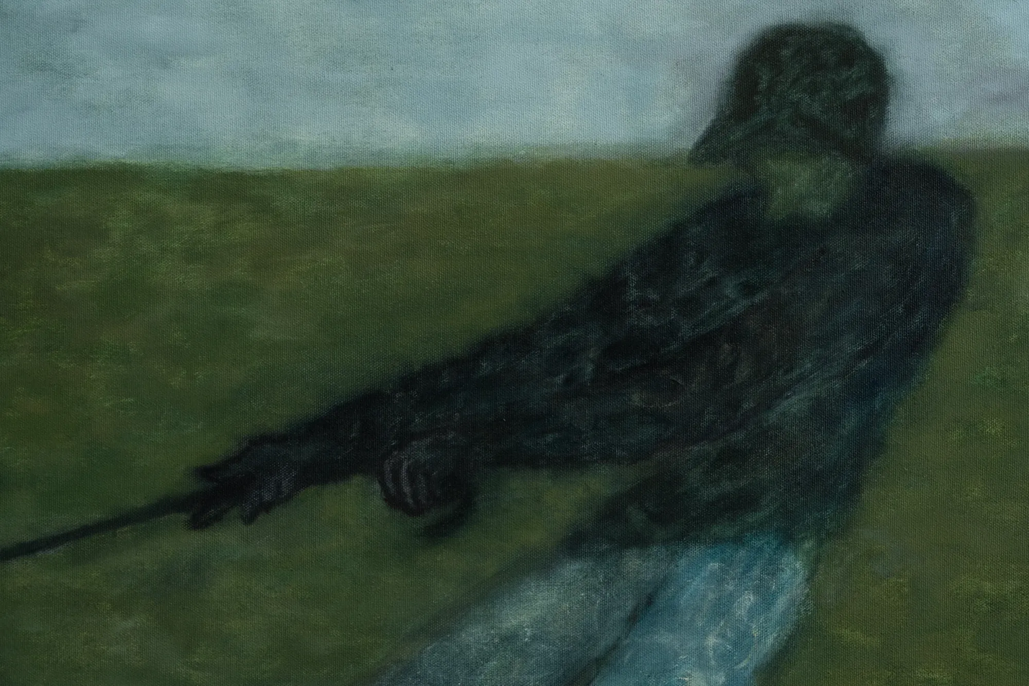 Joan Bonnemaison, See You in Samarkand, detail, oil on linen, figure beneath a zeppelin, 2026