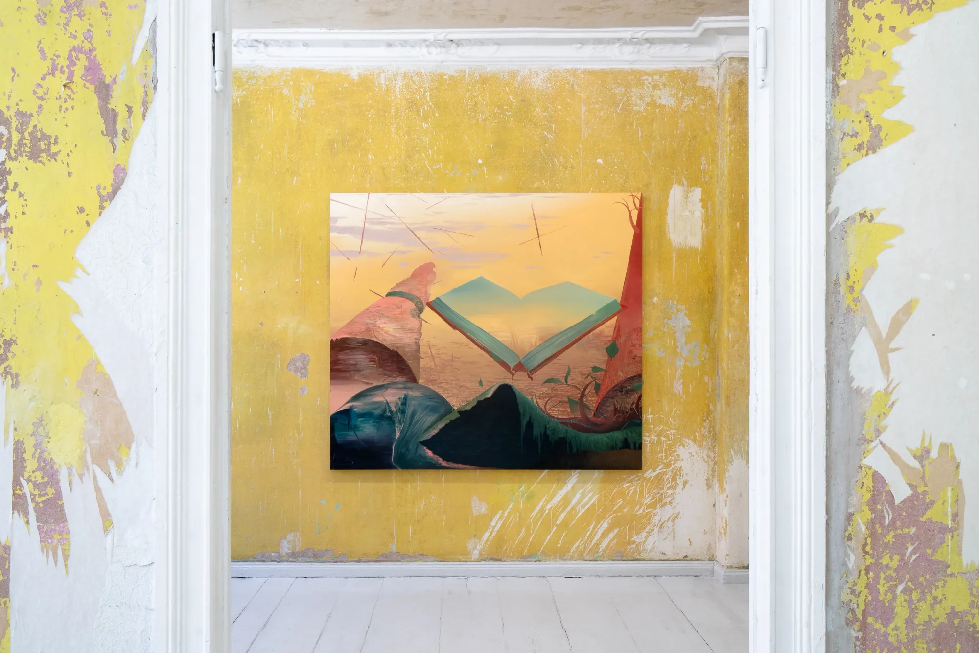 Kamil Kukla, Silva, Pani Domu, Poznań, 2026, Cover, oil on canvas, open book in a sunset clearing
