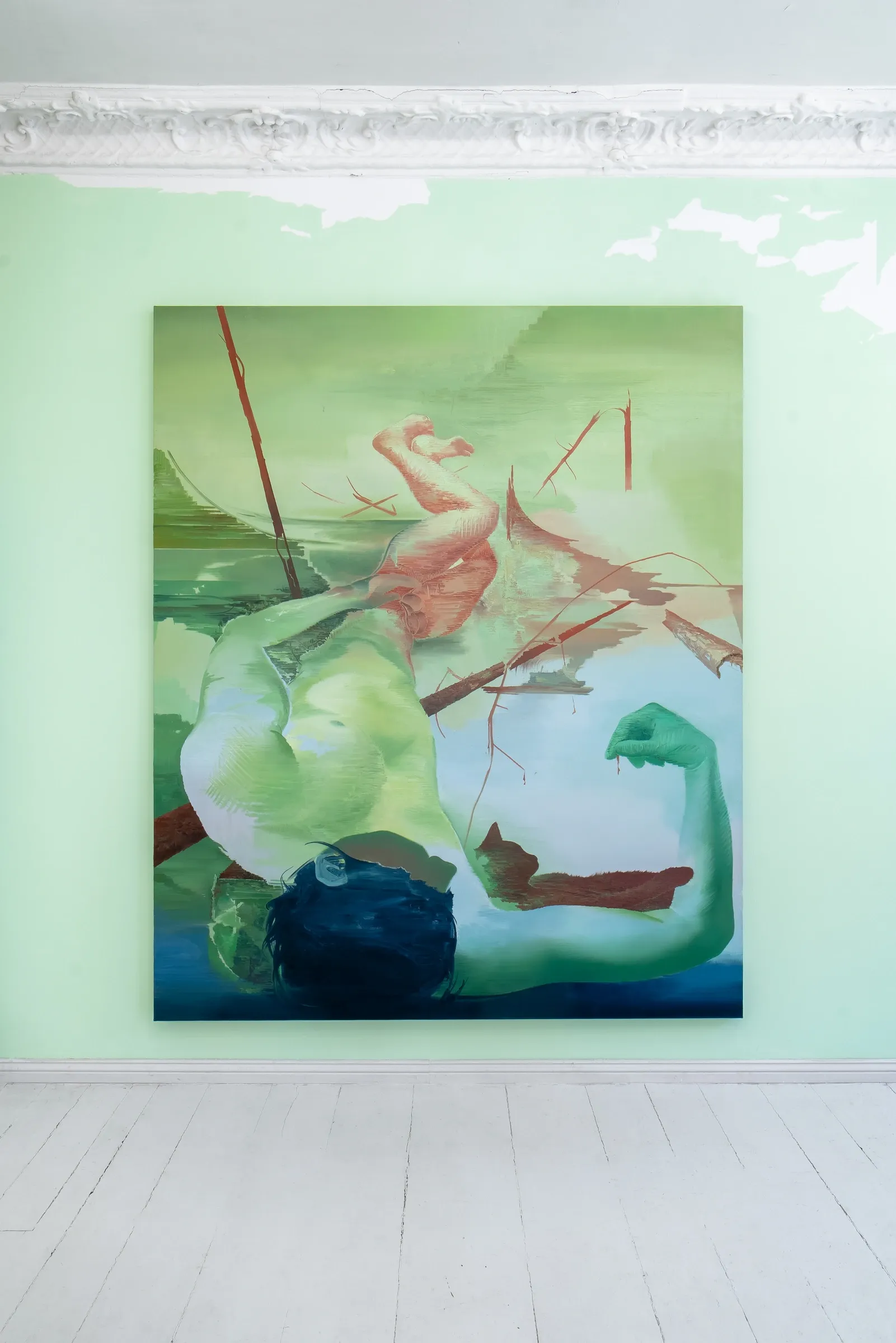 Kamil Kukla, Silva, Pani Domu, Poznań, 2026, Reclining, oil on canvas, inverted figure over water