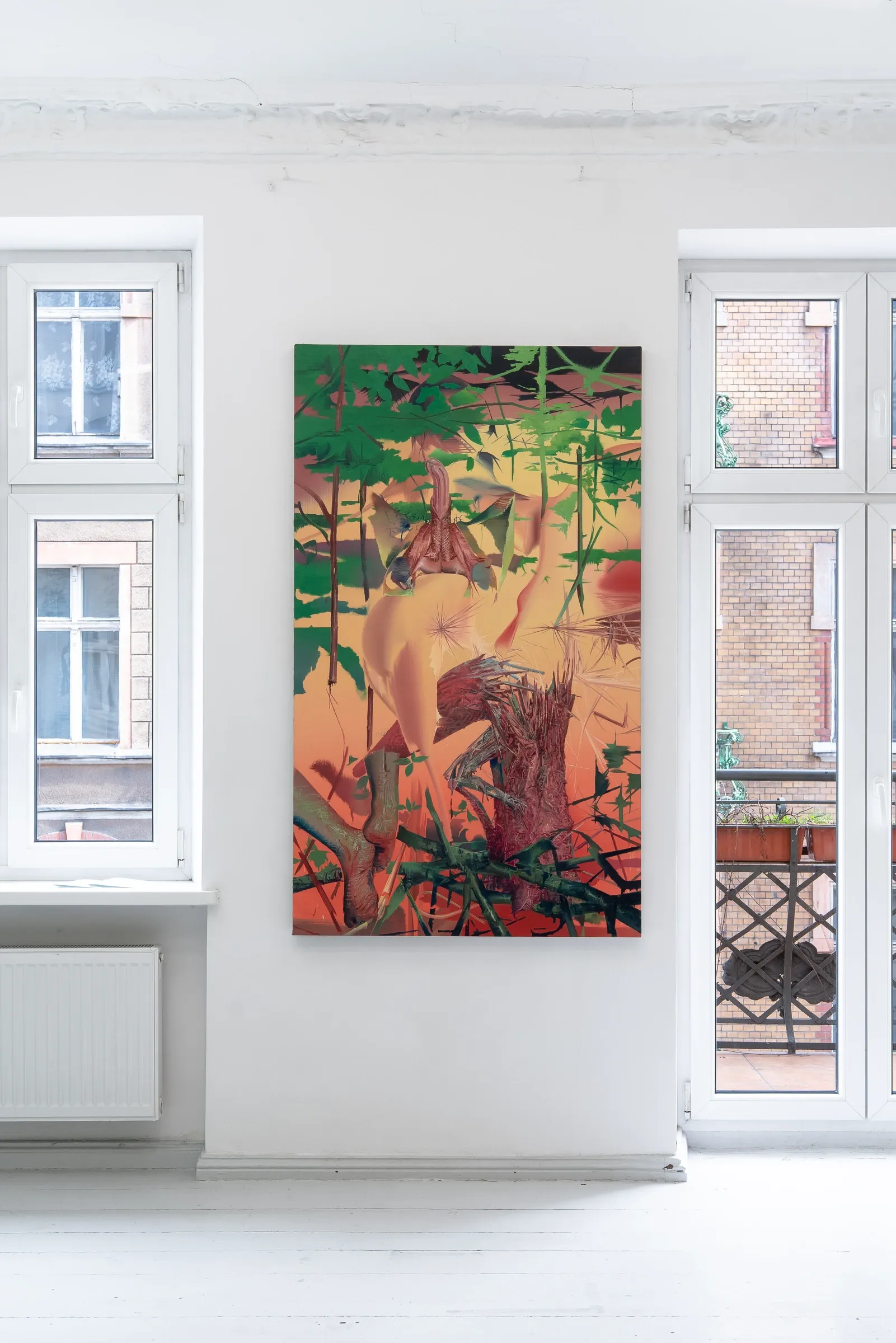 Kamil Kukla, Silva, Pani Domu, Poznań, 2026, Wood, oil on canvas, tree stump beneath dense canopy