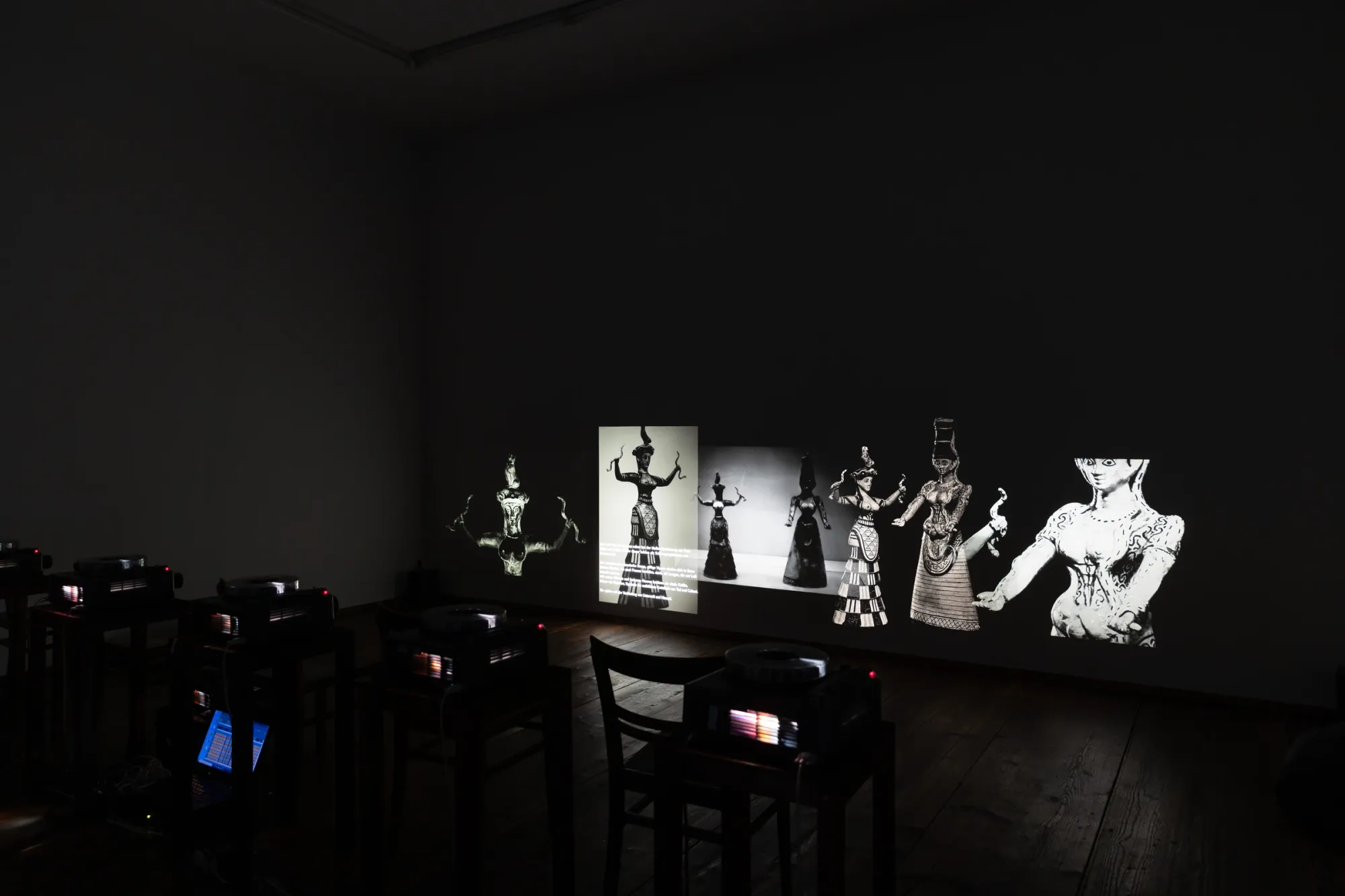 Lala Raščić, A Parable for Endings and Beginnings, rotor, Graz, 2026, projected snake goddess figures in dark gallery room