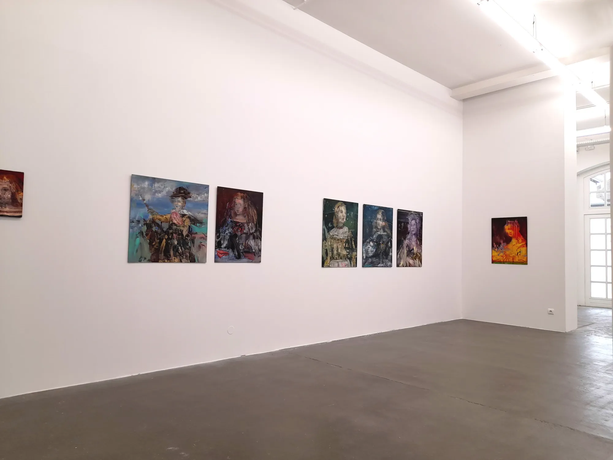 Leonardo Vargas, installation view, Fondation Fernet Branca, Saint-Louis, 2022, two figurative paintings and small portrait panels on a gallery wall